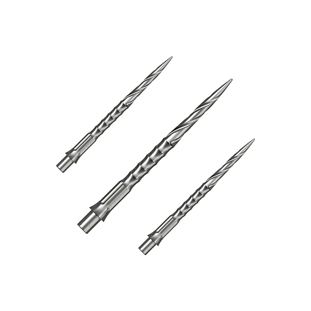 Caliburn System steel dart tips - Spiro - NoLip - silver Das Bild zeigt ein Set aus silbernen Steeldartspitzen. Diese Spitzen sind 32 mm lang und haben ein Spiro NoLip Design.