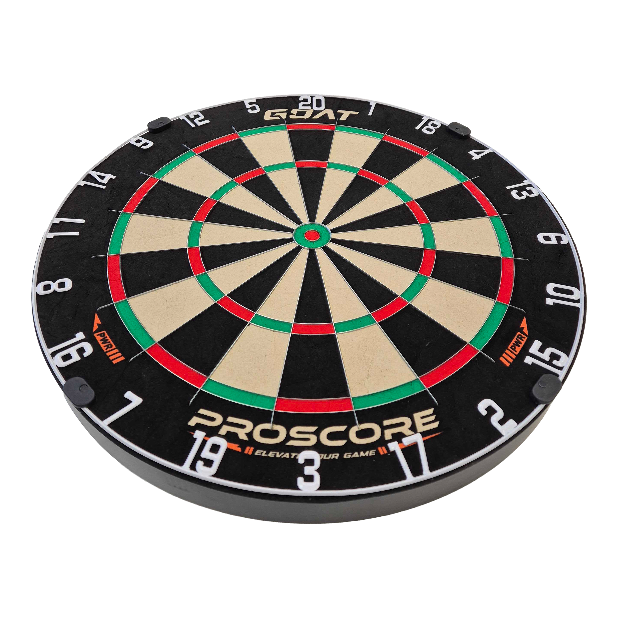 Hier ist das GOAT Proscore PWR Steeldartboard zu sehen. Das Produkt bietet ideale Bedingungen für Steeldartfans.