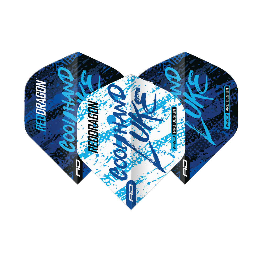 Red Dragon Luke Humphries World Champion Blue White Yin Yang Standard Flights Das Bild zeigt drei Dart-Flights mit dem Design "Red Dragon Luke Humphries World Champion Blue White Yin Yang". Die Flights sind in Blau, Weiß und Schwarz gehalten und tragen die Aufschrift "Cool Hand Luke".
