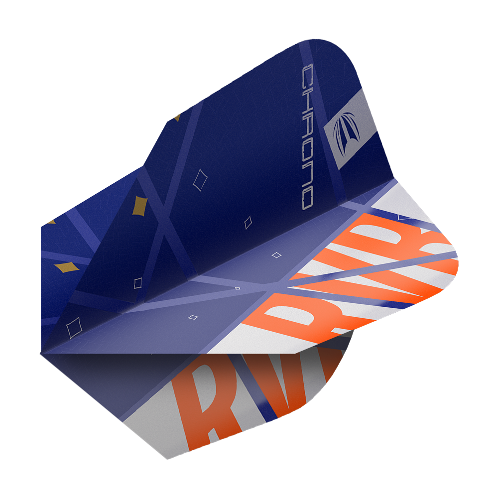 Target Pro Ultra Raymond Van Barneveld Chrono Ten-X Standard Flights - 3 sets Das Bild zeigt ein Dart-Flight aus der Serie "Target Pro Ultra Raymond Van Barneveld Chrono Ten-X Standard". Das Flight ist hauptsächlich blau mit orangefarbenen und weißen Akzenten sowie dem Schriftzug "RV" und "CHRONO".