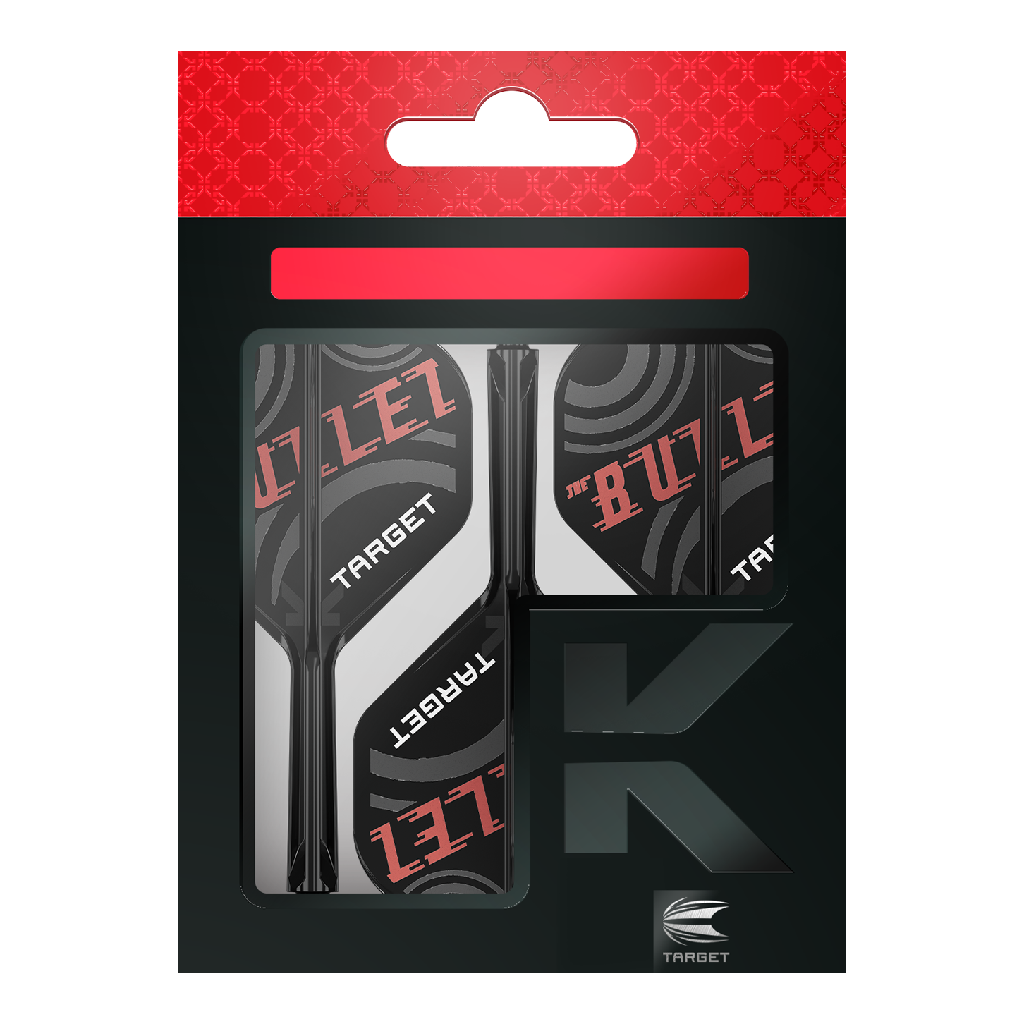 Target K-Flex Stephen Bunting No2 Standard Flight Shaft System Die Abbildung zeigt eine Verpackung der "Target K-Flex Stephen Bunting No2 Standard Flights". Die Flights sind schwarz, weiß und rot gestaltet und tragen die Aufschrift "THE BULLET" sowie "TARGET".