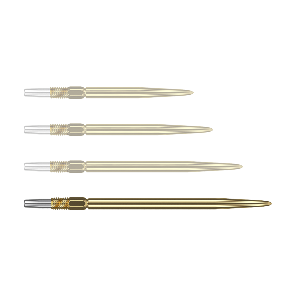 Target Swiss Point Gold dart tips Auf dem Bild sind vier goldfarbene Dartspitzen zu sehen, die nebeneinander liegen. Die Spitzen haben einen silbernen Abschnitt am linken Ende und sind ansonsten komplett goldfarben.