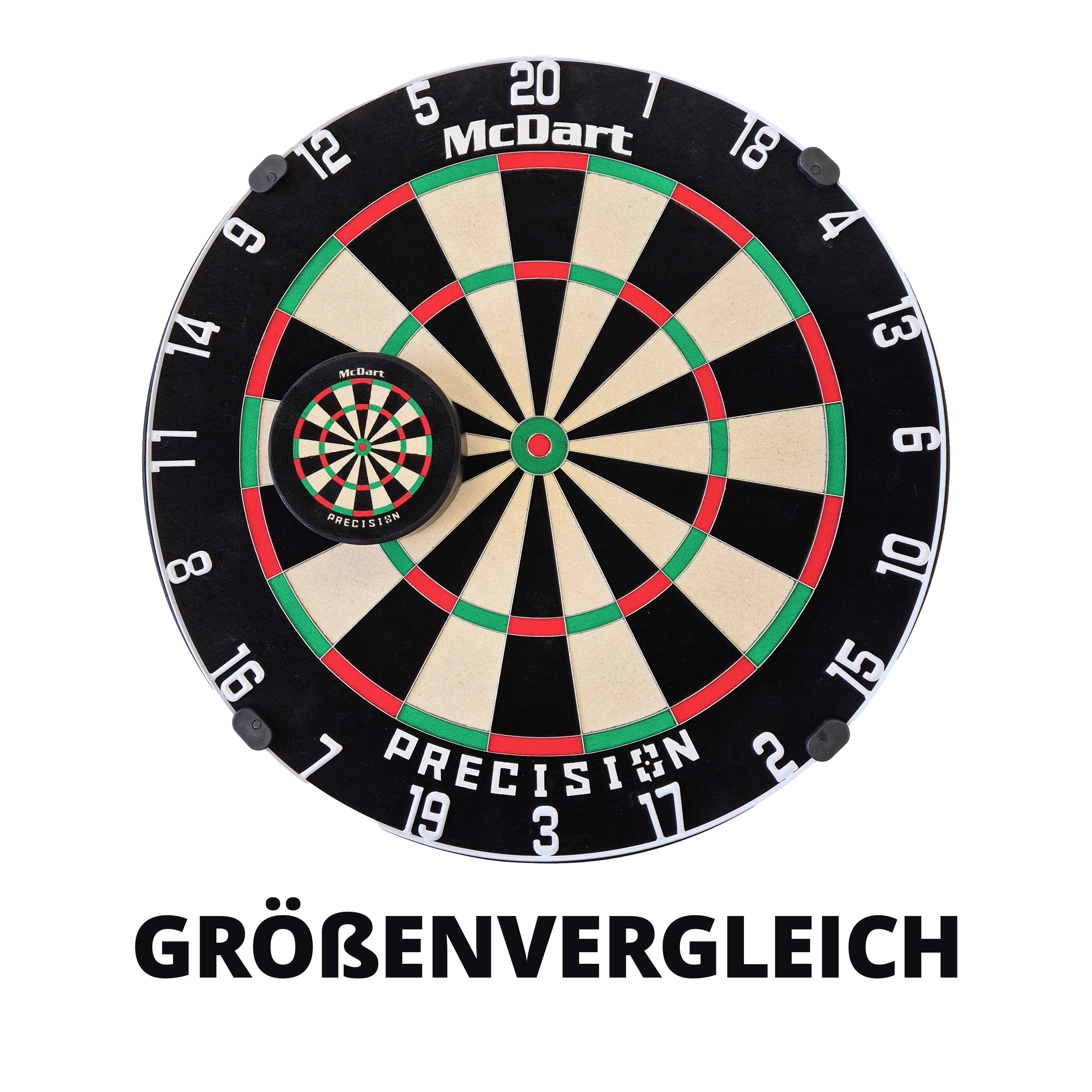Das Bild zeigt zwei McDart Präzisions-Dartscheiben in unterschiedlichen Größen übereinandergelegt. Im Vordergrund ist eine kleine Mini-Dartscheibe auf einer großen Dartscheibe zu sehen.
