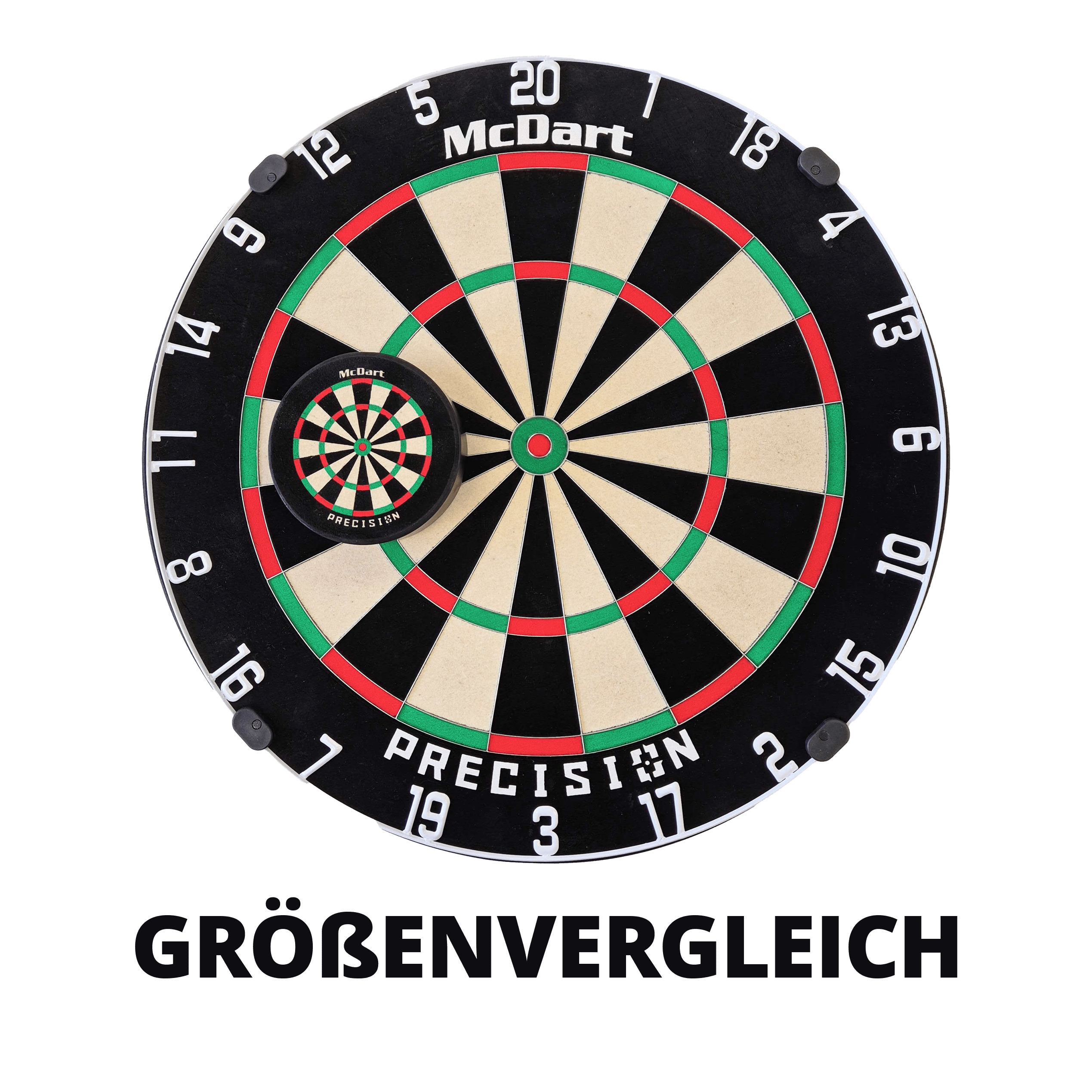 McDart Precision Mini Dartboard Dart Holder Das Bild zeigt zwei McDart Präzisions-Dartscheiben in unterschiedlichen Größen übereinandergelegt. Im Vordergrund ist eine kleine Mini-Dartscheibe auf einer großen Dartscheibe zu sehen.