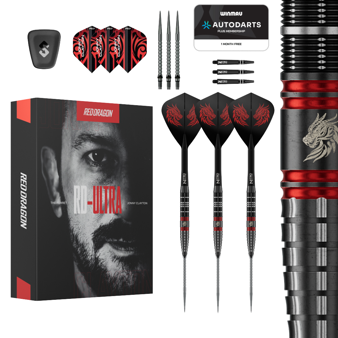 Red Dragon Jonny Clayton RD-ULTRA Switch Point Steeldarts - 22g Auf dem Bild ist das Produkt Red Dragon Jonny Clayton RD-ULTRA Switch Point Steeldarts - 22g zu sehen. Die Steeldarts befinden sich vor einem weißen Hintergrund.