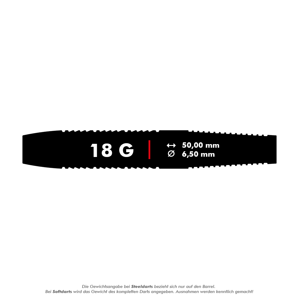 170015_Target_Raymond_Van_Barneveld_Brass_Softdarts_5_18g Das Bild zeigt die Maße eines Target Raymond Van Barneveld Brass Softdarts mit einem Gewicht von 18 Gramm. Der Dart ist 50,00 mm lang und hat einen Durchmesser von 6,50 mm.