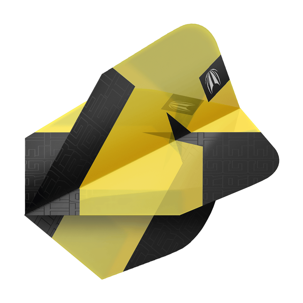 Das Bild zeigt ein Dart-Flight der Marke Target in Gelb und Schwarz. Es handelt sich um das Modell "Pro Ultra TAG Gelb Ten-X Standard Flights – 3 Sets".