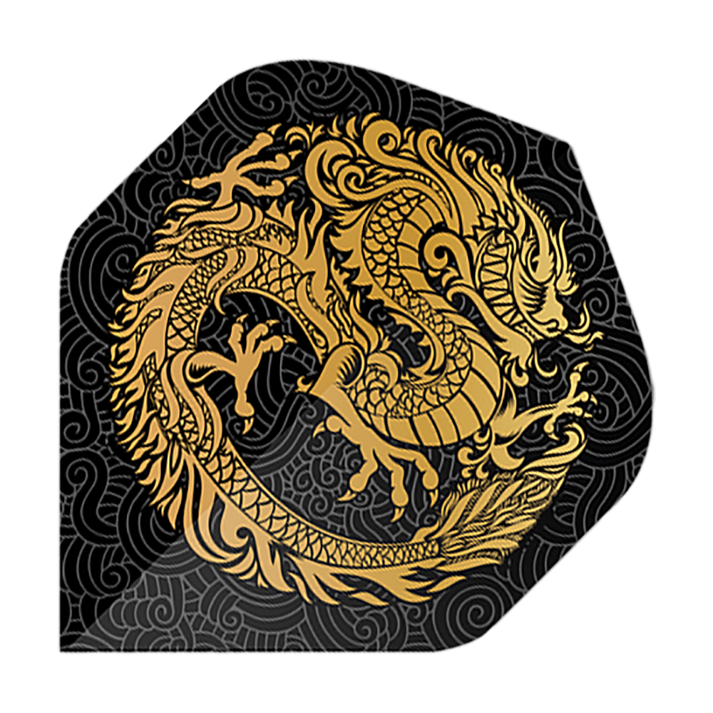 Pentathlon Flights Dragon black Das Bild zeigt die Pentathlon Dragon 2 Standard Flights. Auf schwarzem Hintergrund ist ein goldener Drache kunstvoll dargestellt.