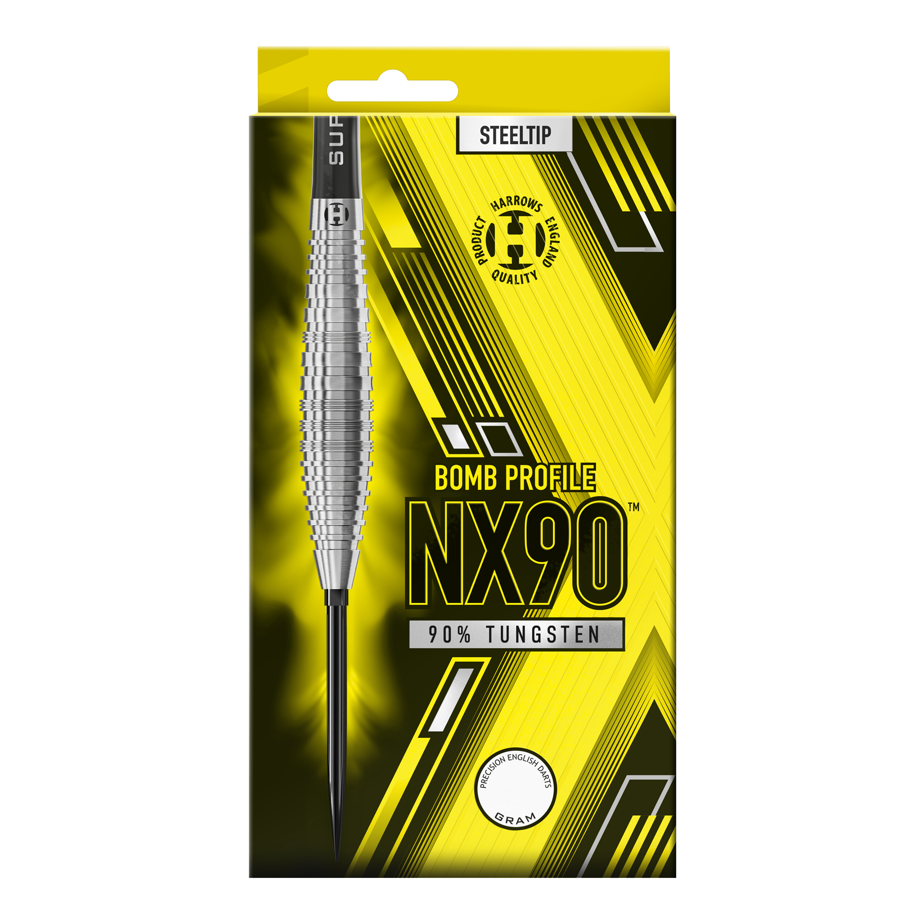 Das Bild zeigt die Harrows NX90 Bomb Quick Point Steeldarts. Es handelt sich um hochwertige Steeldarts für das Dartspiel.