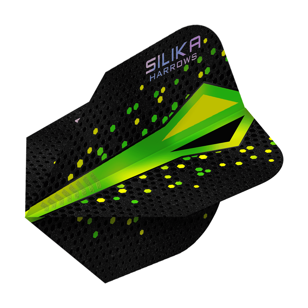 Harrows Silika Colorshift Tough Crystalline Coating Green No6 Flights Das Bild zeigt ein Dartflight der Marke Harrows mit dem Namen „Silika Colourshift Tough Crystalline Coating Green No6“. Das Flight ist überwiegend schwarz mit grünen und gelben Akzenten sowie hexagonalen Mustern.