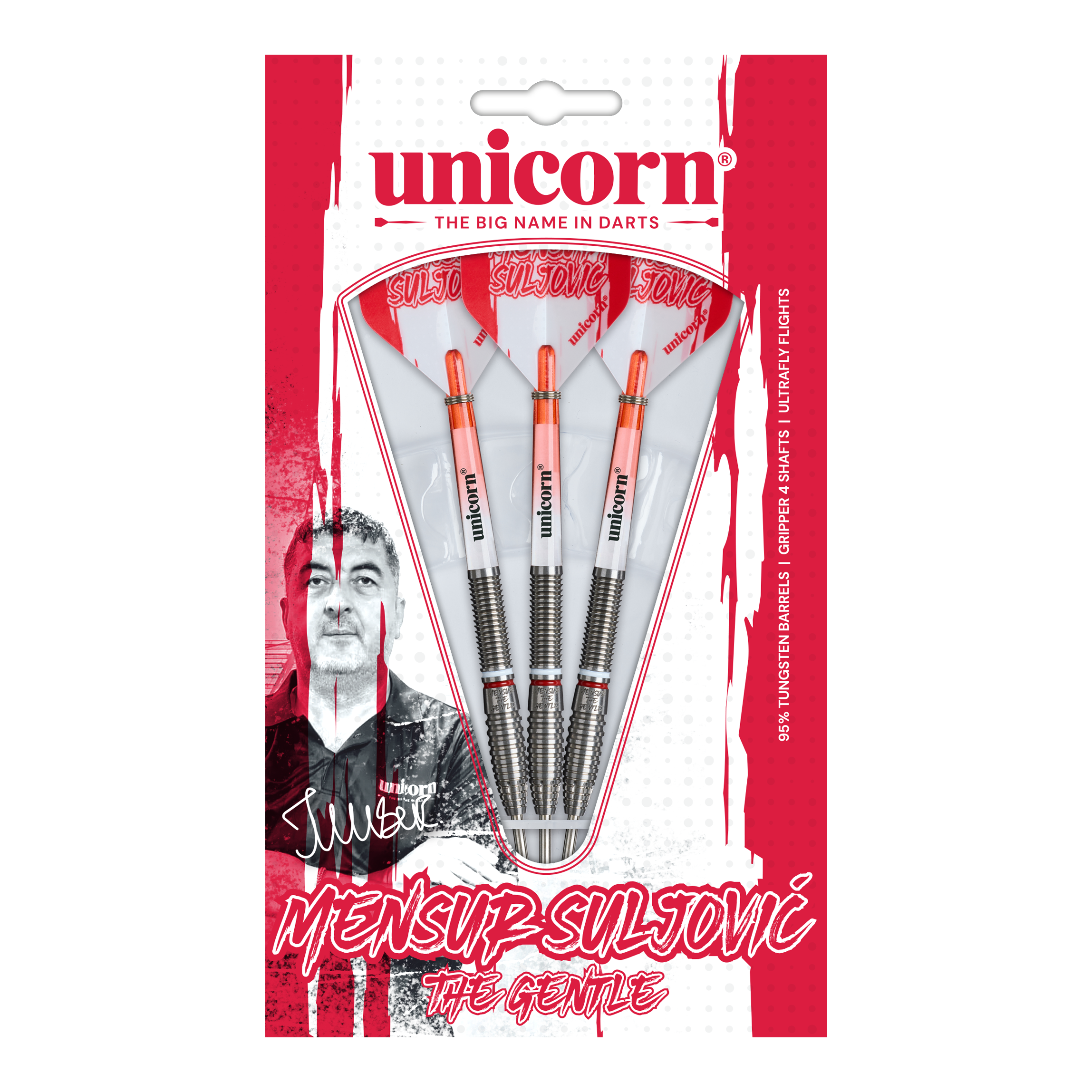 Abgebildet ist das Unicorn Mensur Suljovic The Gentle Steeldarts-Set mit 23g Gewicht. Diese Darts sind für alle gedacht, die Mensur Suljovic schätzen.