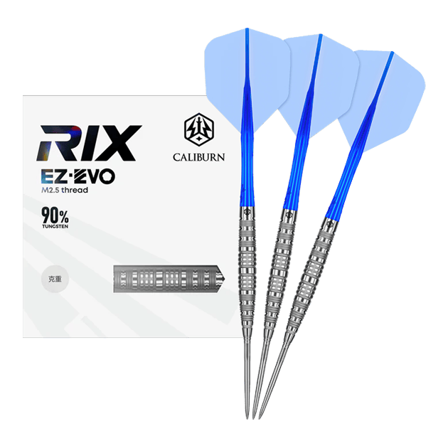 Caliburn Rix EZ-EVO R6 steel darts Auf dem Bild ist der Caliburn Rix EZ-EVO R6 Steeldarts vollständig dargestellt. Die Details und das Design sind gut sichtbar.