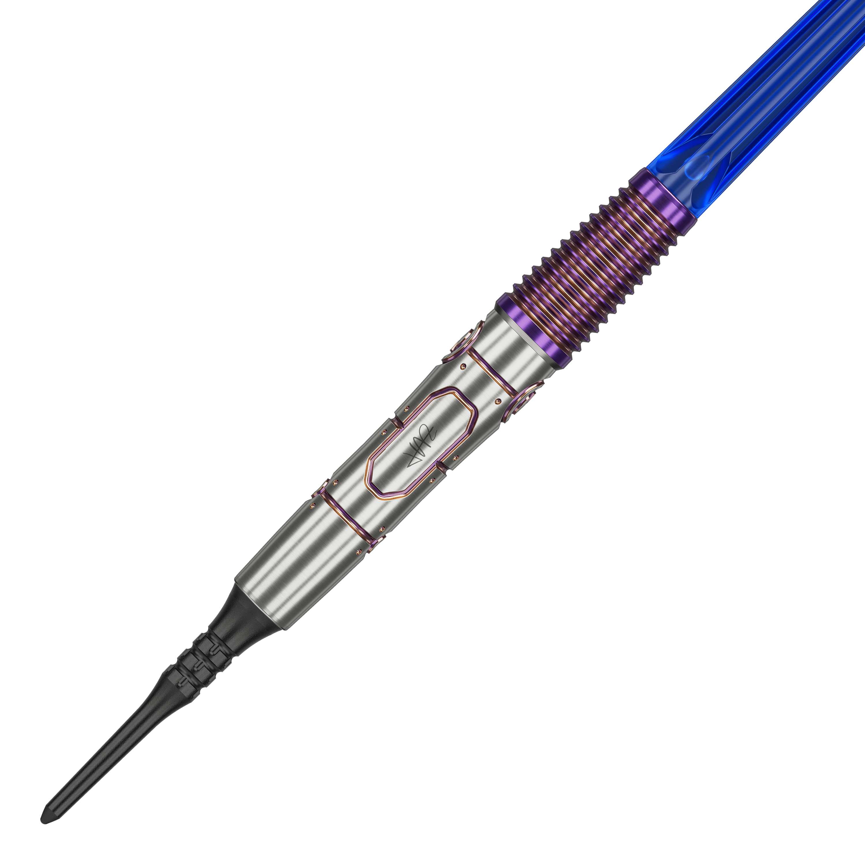 Target Japan Haruki Muramatsu Rising Sun GEN9 2BA Soft Darts - 21.5g Das Bild zeigt den Target Japan Haruki Muramatsu Rising Sun GEN9 2BA Softdart mit einem Gewicht von 21,5g. Der Dart hat ein silbernes Barrel mit lilafarbenen und blauen Akzenten.