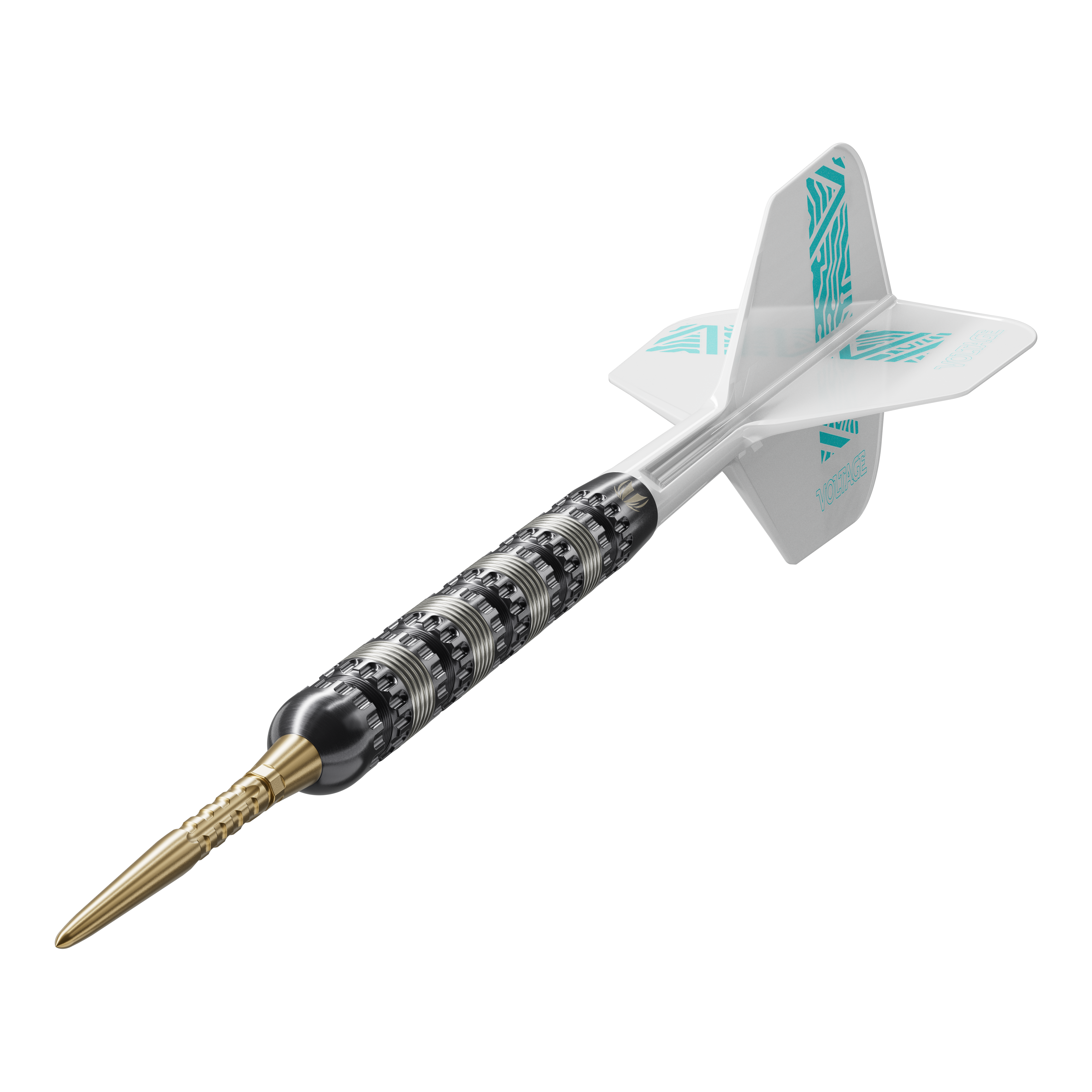 Target Rob Cross 95K Swiss Point Steel Darts Das Bild zeigt einen Target Rob Cross 95K Swiss Point Steeldart. Der Dart hat eine schwarze Griffzone, eine goldene Spitze und weiße Flights mit türkisfarbenem Muster.