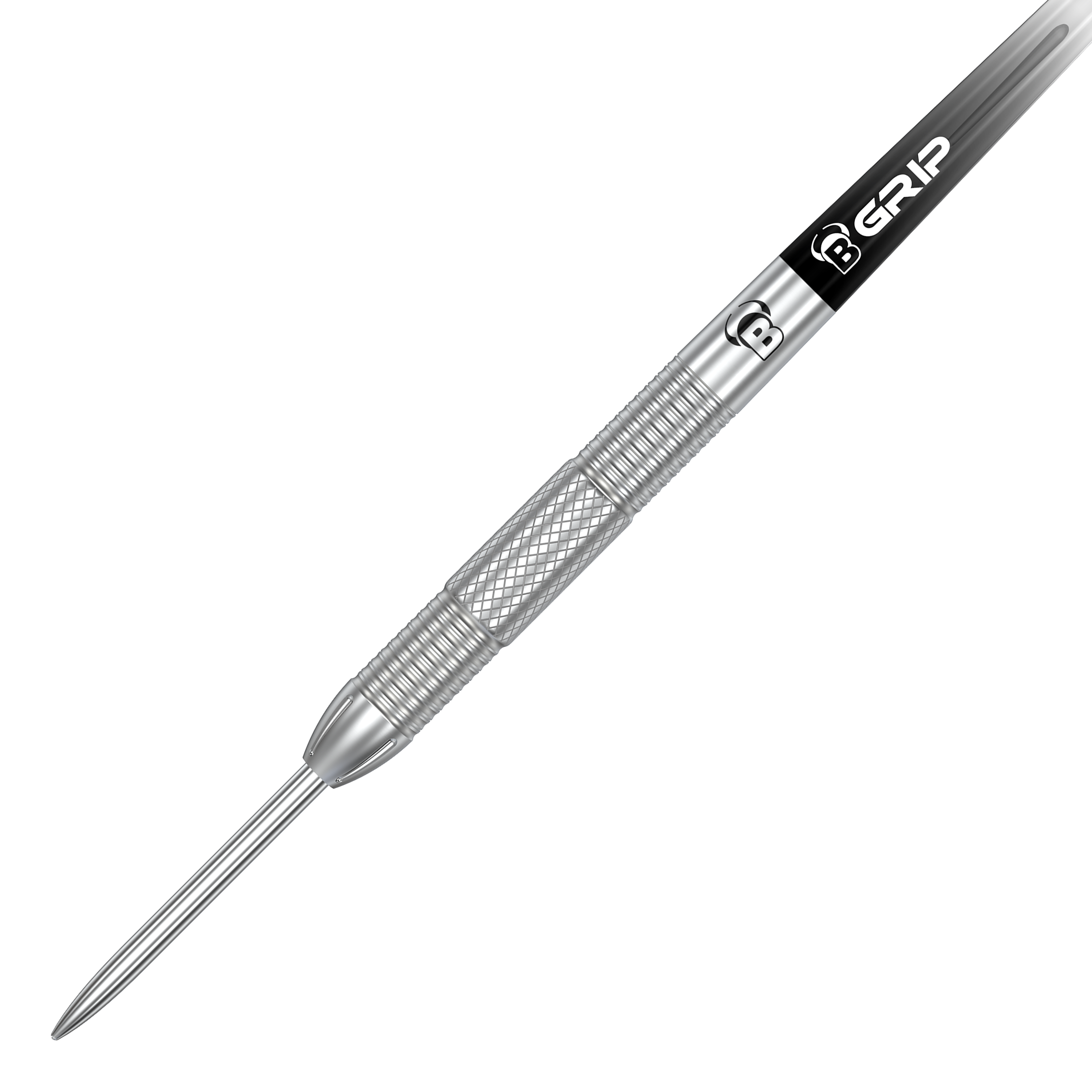 Bulls Challenger Sascha Stuhlemmer Steeldarts - 23g Das Bild zeigt einen Bulls Challenger Sascha Stuhlemmer Steeldart mit einem Gewicht von 23g. Der Dartpfeil hat eine silberne Spitze und einen geriffelten Griffbereich für besseren Halt.