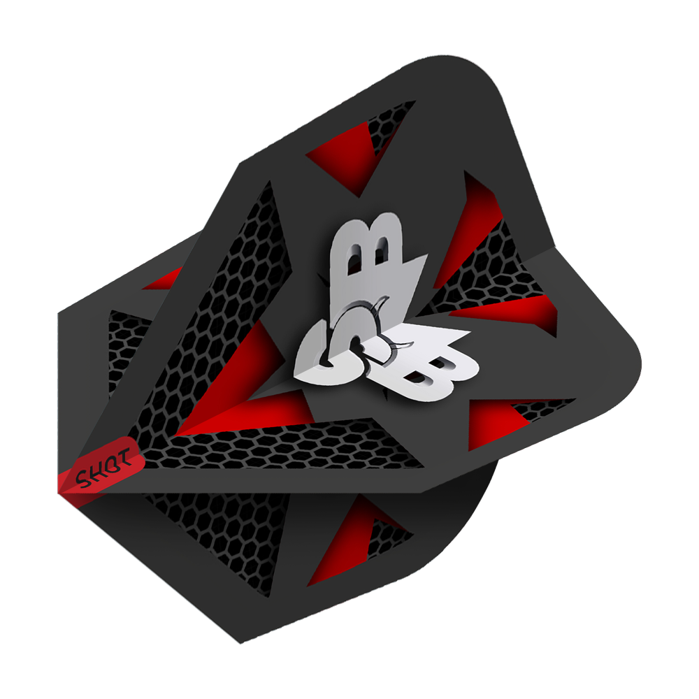 Shot Michael Smith Tenacious No6 Flights Das Bild zeigt das Produkt "Shot Michael Smith Tenacious No6 Flights". Das Flight ist schwarz mit roten und silbernen Designelementen sowie dem Schriftzug "SKQT" in der Ecke.