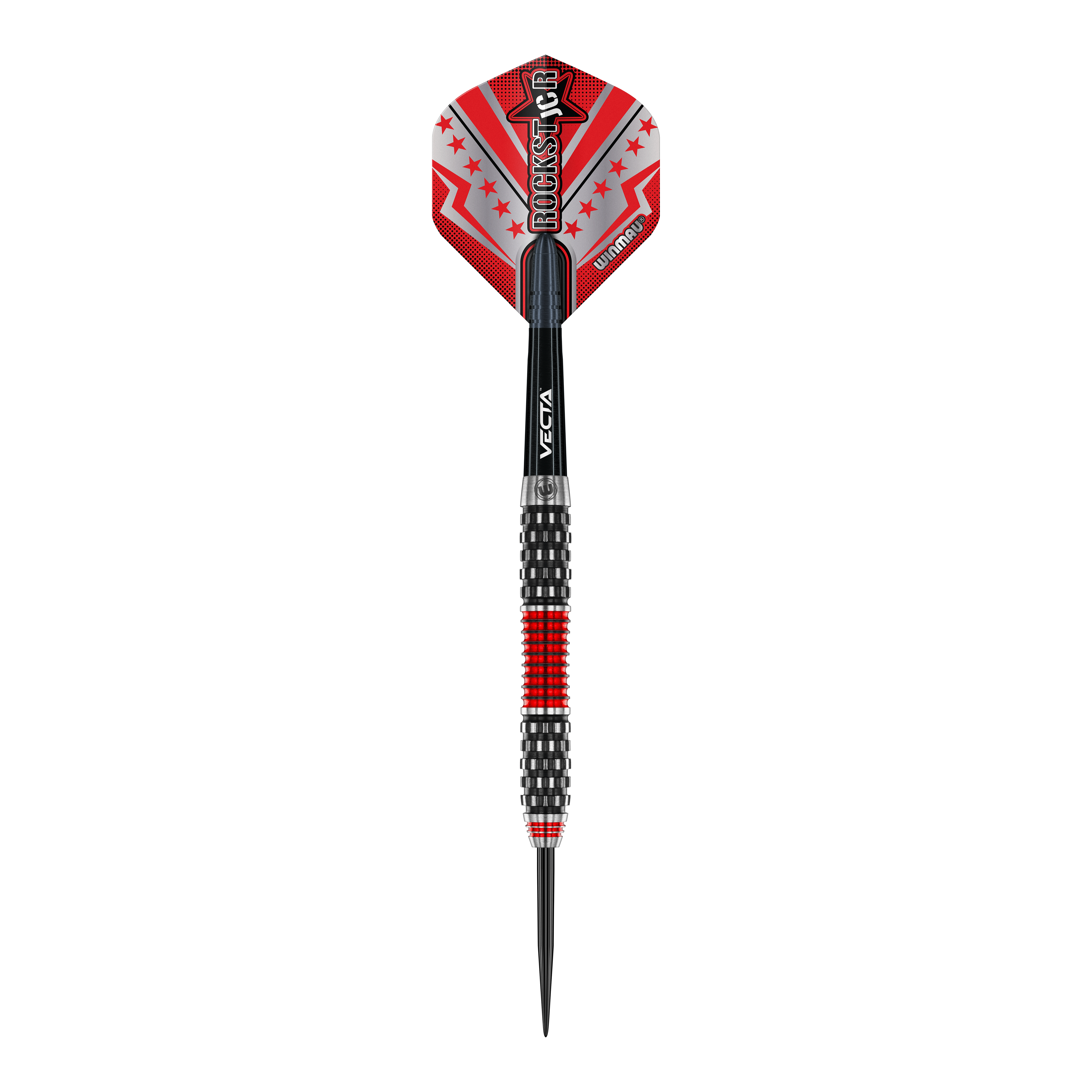 Winmau Joe Cullen Rockstar Series RS1 steel darts Das Bild zeigt einen Winmau Joe Cullen Rockstar Series RS1 Steeldartpfeil. Der Pfeil ist überwiegend schwarz mit roten und silbernen Akzenten sowie einem auffälligen "Rockstar"-Aufdruck auf dem Flight.