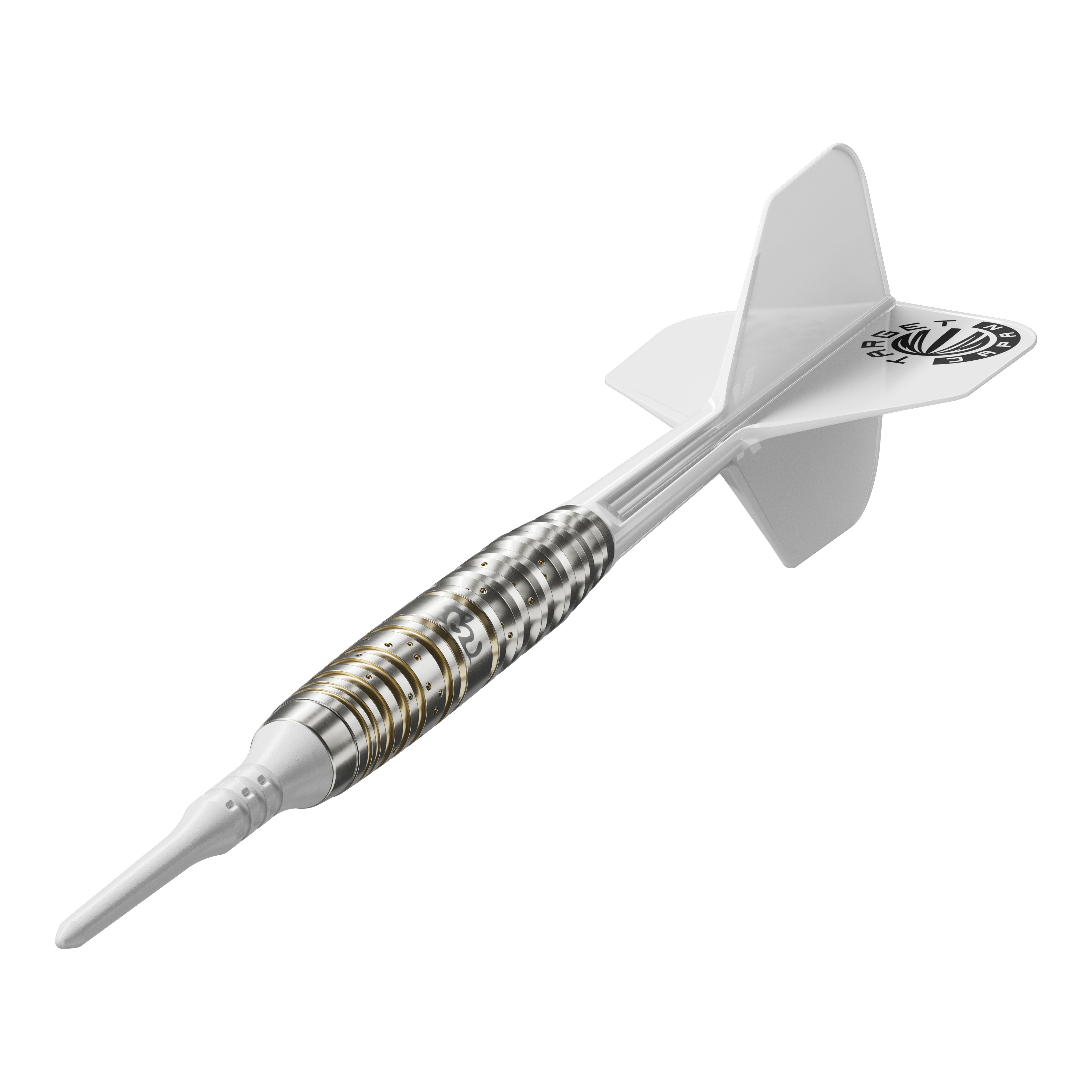 Target Japan Prime Series Mayujo Morita GEN6 Soft Darts - 18g Das Bild zeigt einen Softdartpfeil aus der Target Japan Prime Series Mayujo Morita GEN6 mit einem Gewicht von 18g. Der Pfeil hat ein weißes Flight und ein silberfarbenes Barrel mit goldenen Akzenten.