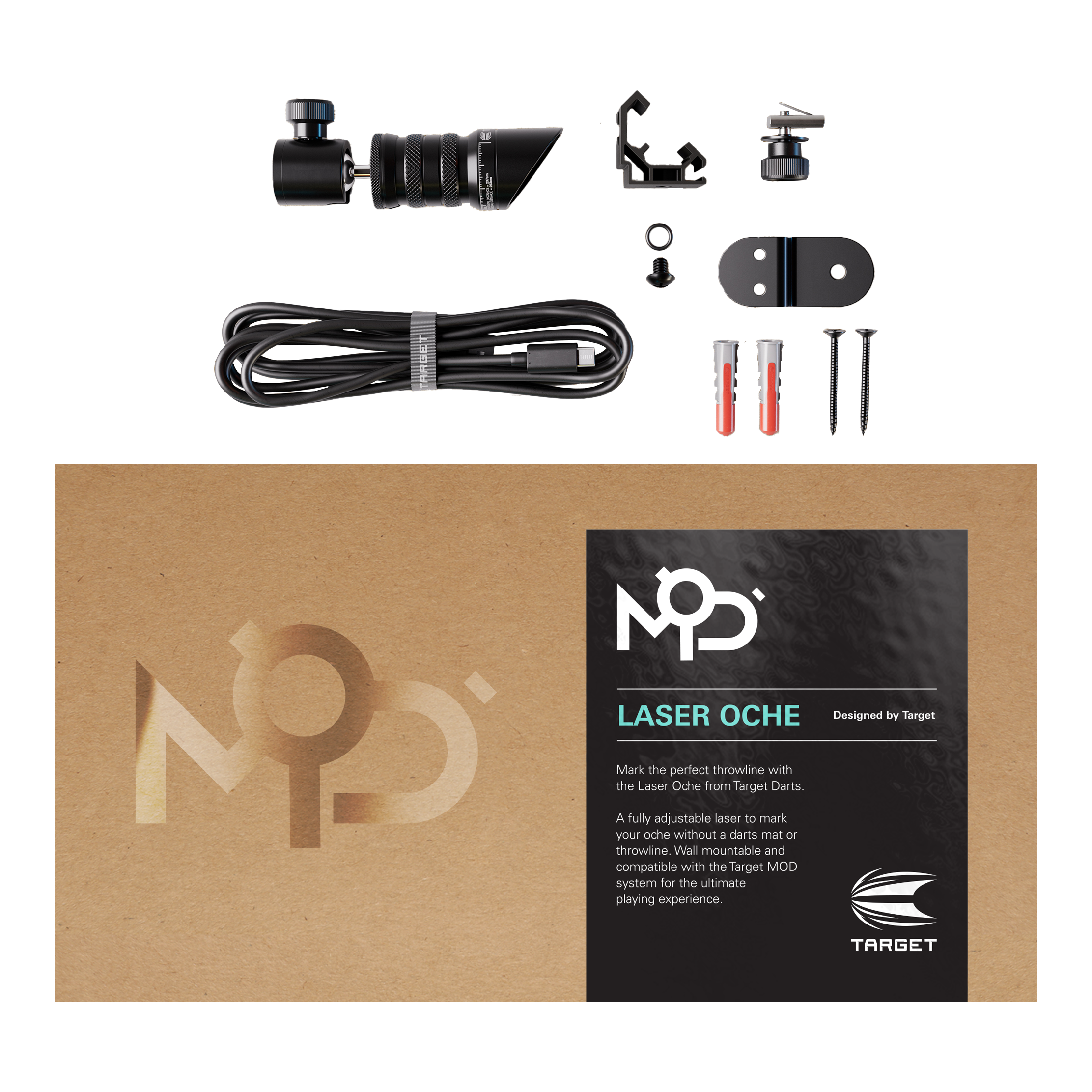 Target MOD Laser Oche Das Bild zeigt das Produkt „Target MOD Laser Oche“ mit allen enthaltenen Teilen, wie Kabel, Schrauben und Montagematerial. Die Verpackung liegt im Vordergrund und trägt die Produktbezeichnung sowie eine kurze Beschreibung.