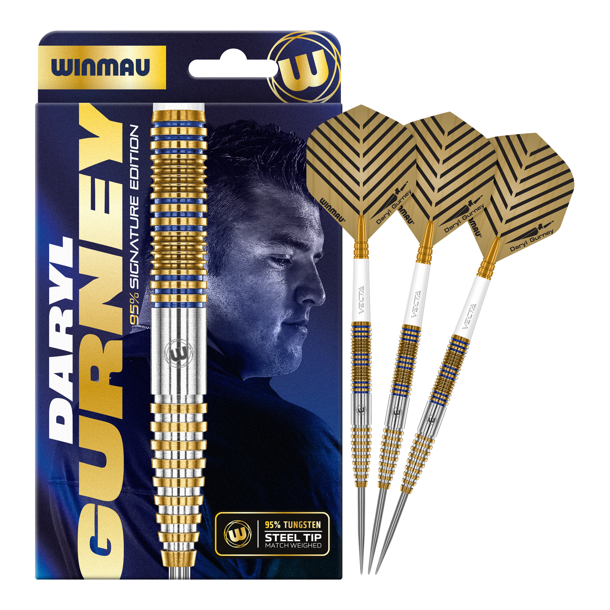 Abgebildet ist das Set Winmau Daryl Gurney Signature Edition Steeldarts - 23g. Die Pfeile zeichnen sich durch ihre hochwertige Verarbeitung aus.