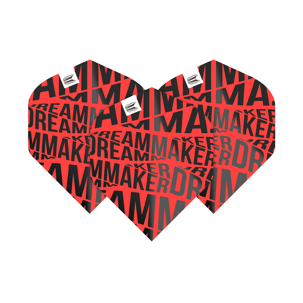 TG82_336580_Target_Pro_Ultra_Dimitri_Van_Den_Bergh_Red_No2_Standard_Flights_1QDLvxvr0Ulrxq Das Bild zeigt die Target Pro Ultra Dimitri Van Den Bergh Red No2 Standard Flights. Die Flights sind rot-schwarz und mit dem Schriftzug „DREAM MAKER“ bedruckt.