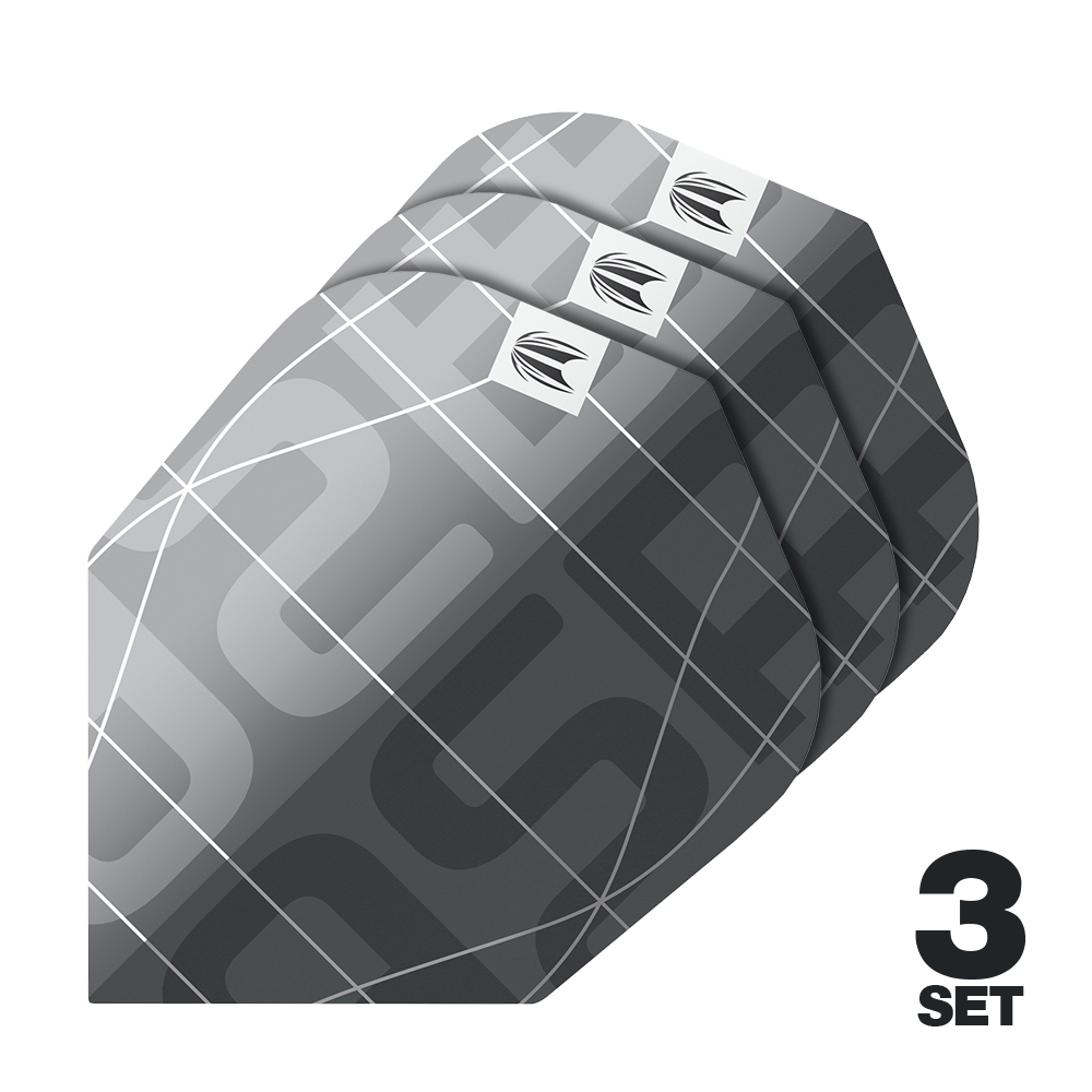 Target Pro Ultra Aspinall X Echo No6 Flights - 3 Sets Das Bild zeigt drei Sätze Target Pro Ultra Aspinall X Echo No6 Flights für Darts. Die Flights haben ein modernes, graues Design mit weißen Linien und einem kleinen Logo.