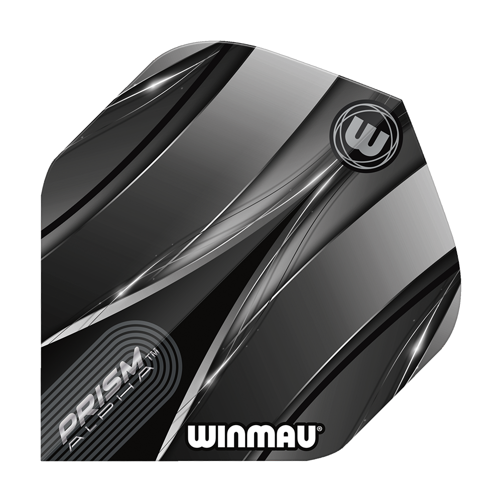 Winmau Alpha Sniper Black Standard Flights Das Bild zeigt einen Winmau Alpha Sniper Black Standard Flight für Darts. Das Design ist überwiegend schwarz und silber mit stilisierten Linien und dem Winmau-Logo.
