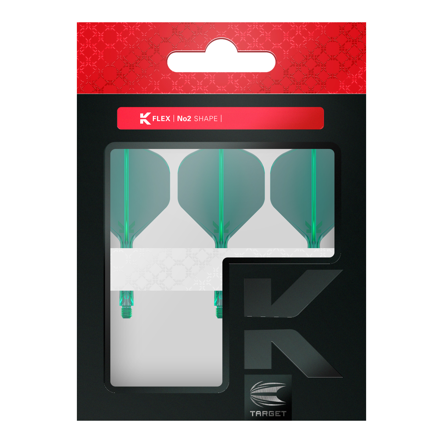 Target K-Flex No2 Standard Flight System - Green Dart-Flights mit gleichmäßiger Flächenstruktur und definierter Form sind abgebildet. Die Produkte liegen sortiert neben- und übereinander.