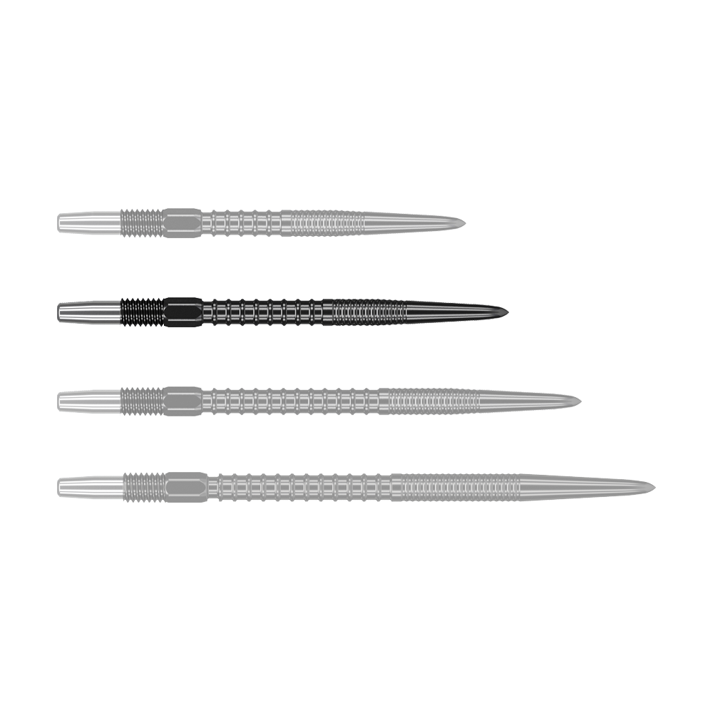 Target Swiss Firepoint Black dart tips Auf dem Bild sind vier schwarze Dartspitzen zu sehen, die nebeneinander liegen. Sie haben ein geriffeltes Design und bestehen aus Metall.