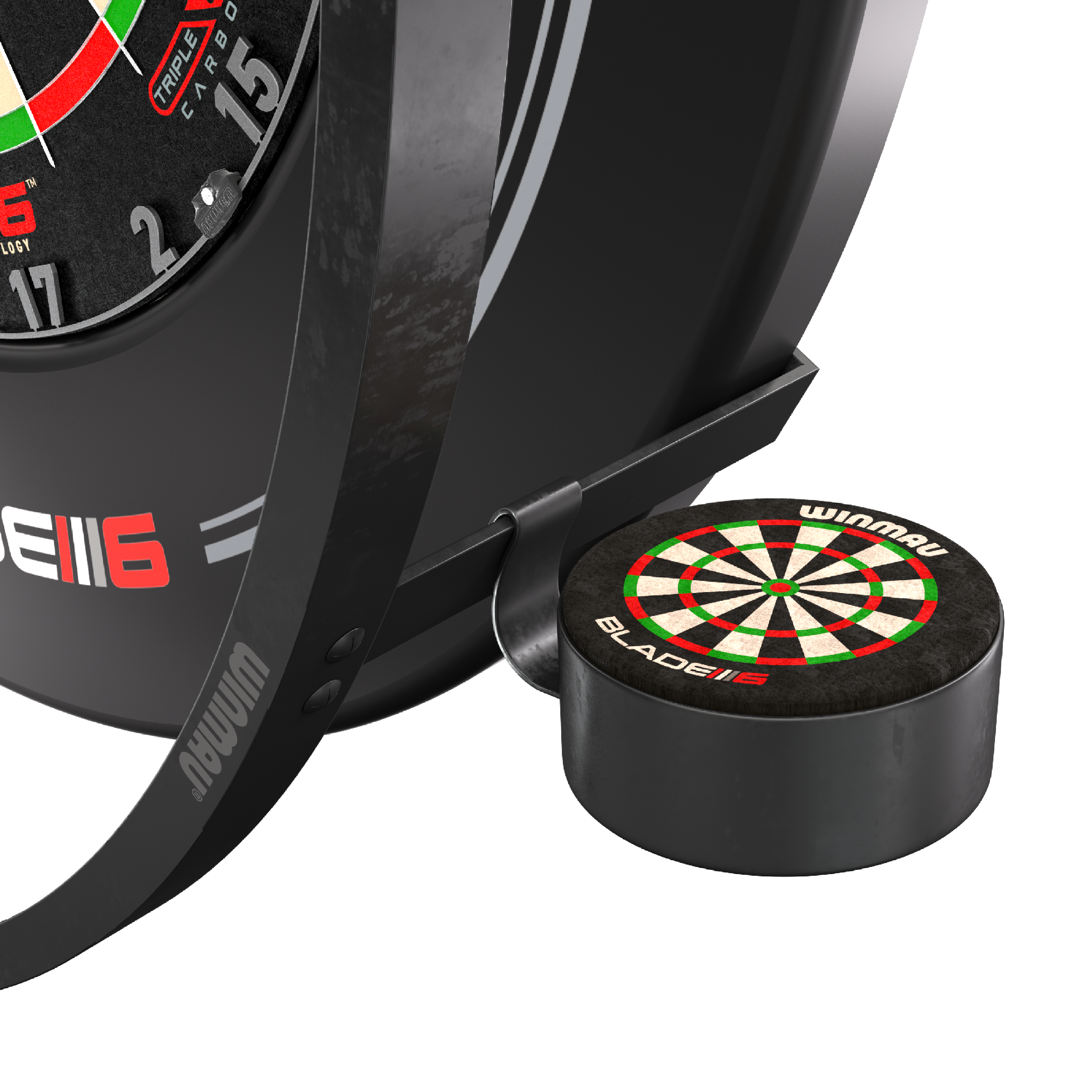 Winmau Plasma Accessory Set Das Bild zeigt das Winmau Plasma Zubehör Set für Dartscheiben. Zu sehen sind Teile des Zubehörs sowie ein Element mit einem aufgedruckten Dartboard-Design.