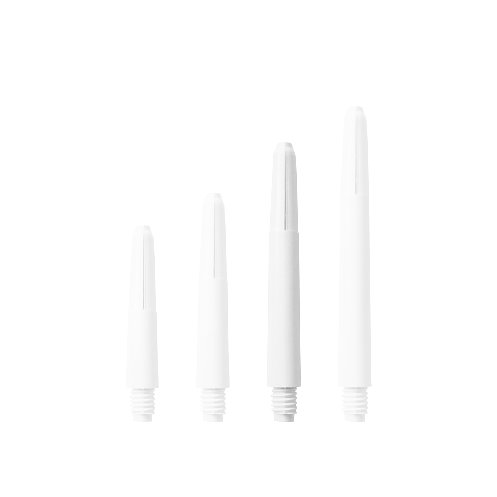 582_Nylon_Shafts_Schneeweiss_40mm_1icpz0G9NZ3NKO Das Bild zeigt vier Nylon Shafts in Schneeweiß, die nebeneinander angeordnet sind. Sie unterscheiden sich in ihrer Länge und haben ein Schraubgewinde am unteren Ende.