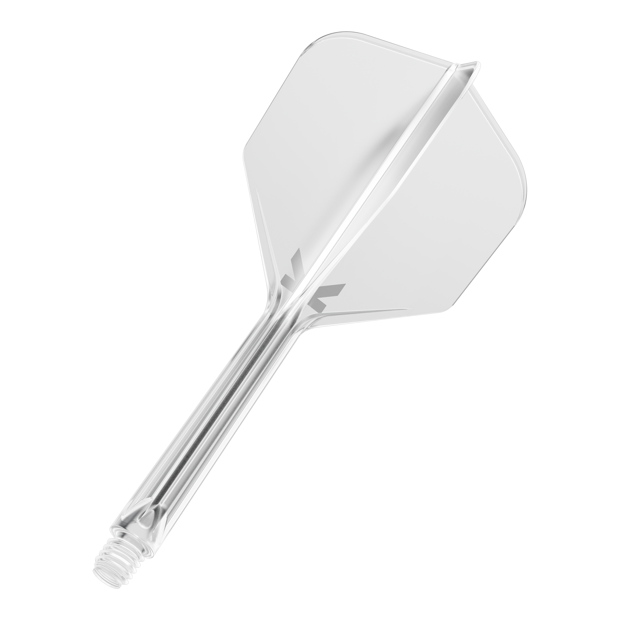 Target K-Flex No6 Flight System - Clear Das Bild zeigt einen transparenten Dart-Flug mit Schaft vor schwarzem Hintergrund. Das Produkt wirkt modern und klar gestaltet.