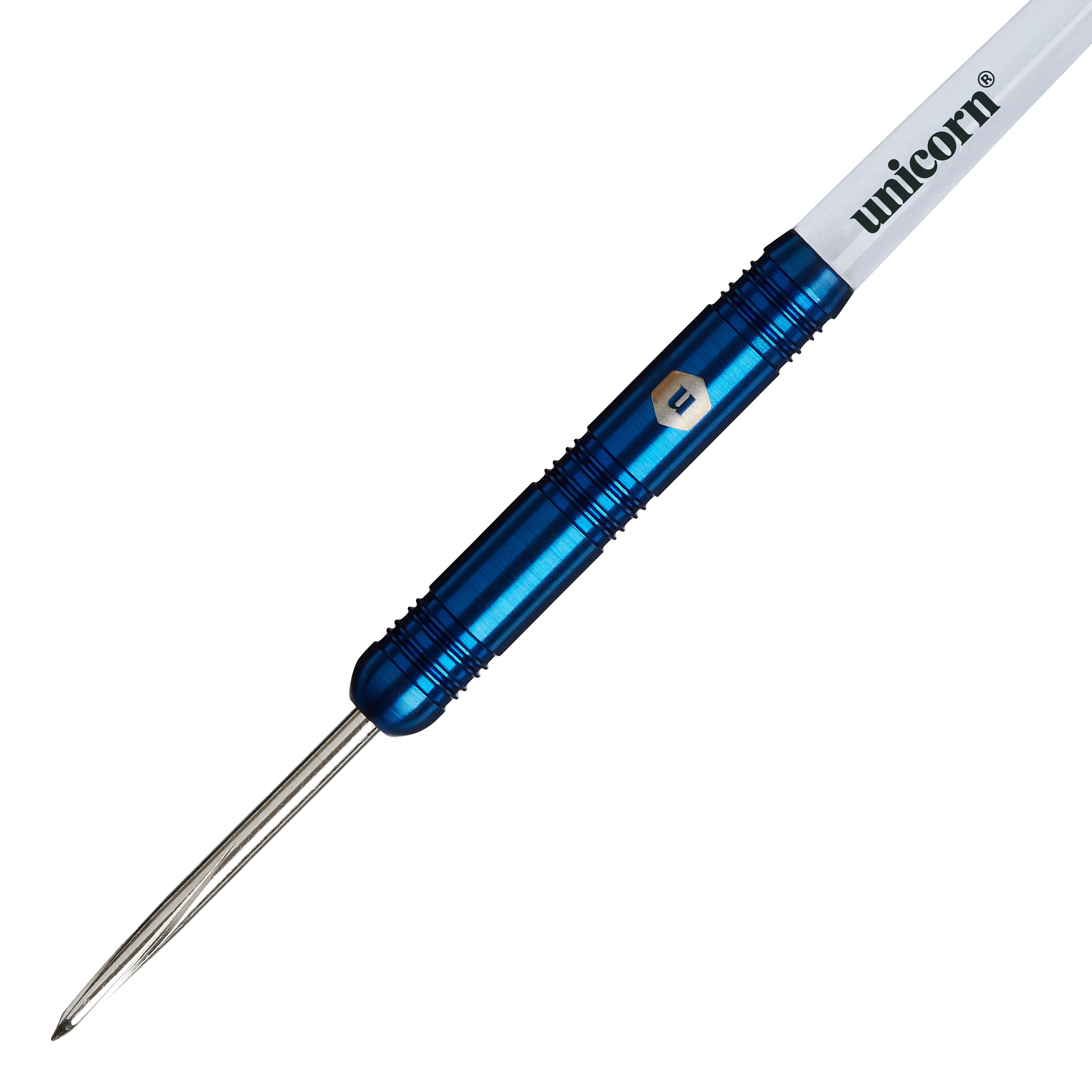 Unicorn Prodigy 01 Parallel Steeldarts Auf dem Bild ist ein Steeldart der Marke „Unicorn Prodigy 01 Parallel“ zu sehen. Der Dart hat einen blauen Metallkörper und einen weißen Schaft mit dem Schriftzug „unicorn“.