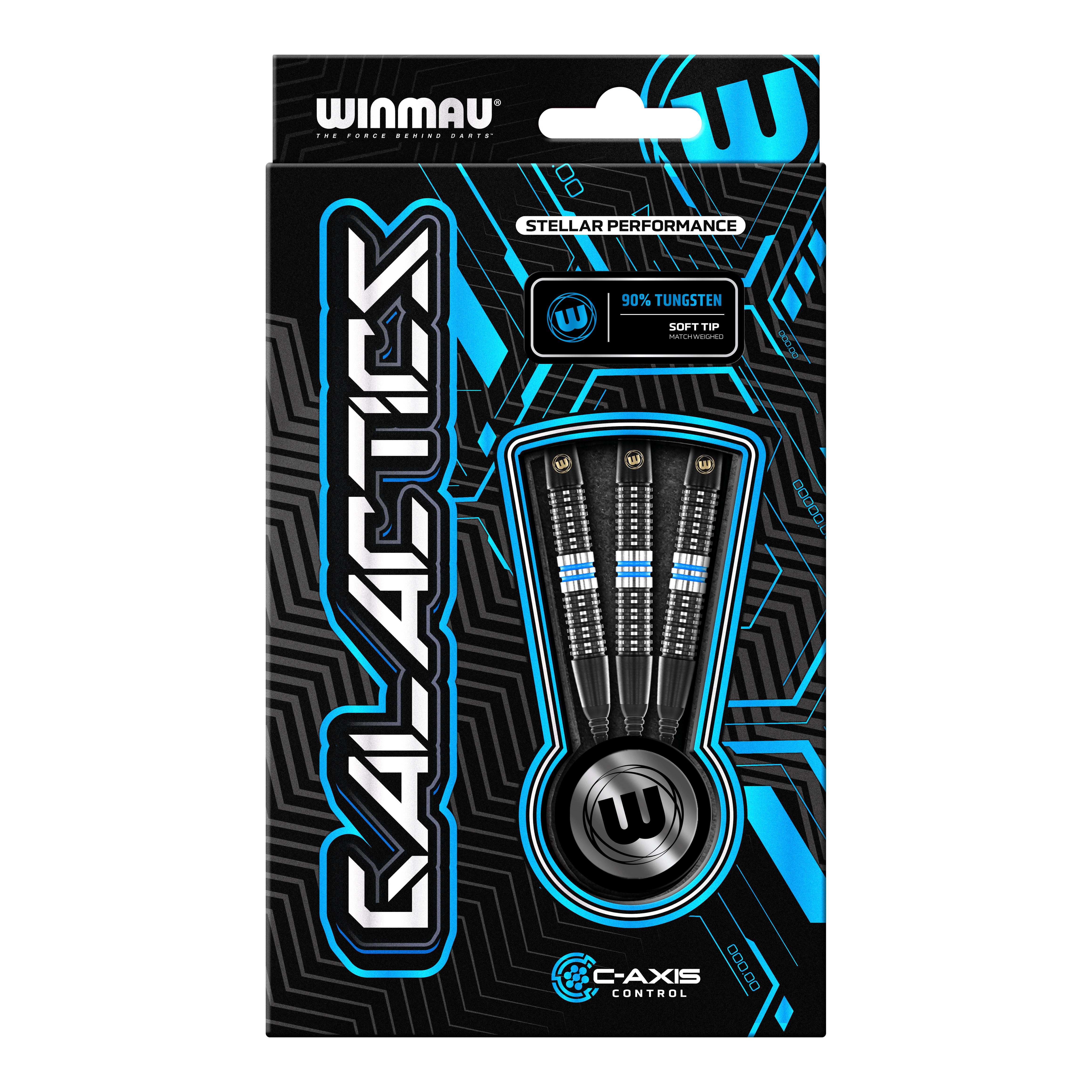 Winmau Galactics soft darts - 20g Die Abbildung zeigt eine Verpackung der "Winmau Galactics Softdarts - 20g". Das Design ist modern und hebt die wichtigsten Merkmale wie 90% Tungsten und Soft Tip hervor.