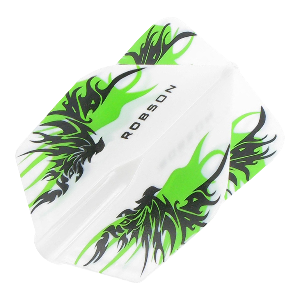 Robson Plus Flights Standard Finn White Das Bild zeigt die Robson Plus Flights Standard Finn White. Die Flights sind weiß mit einem auffälligen schwarzen und grünen Flammenmuster.