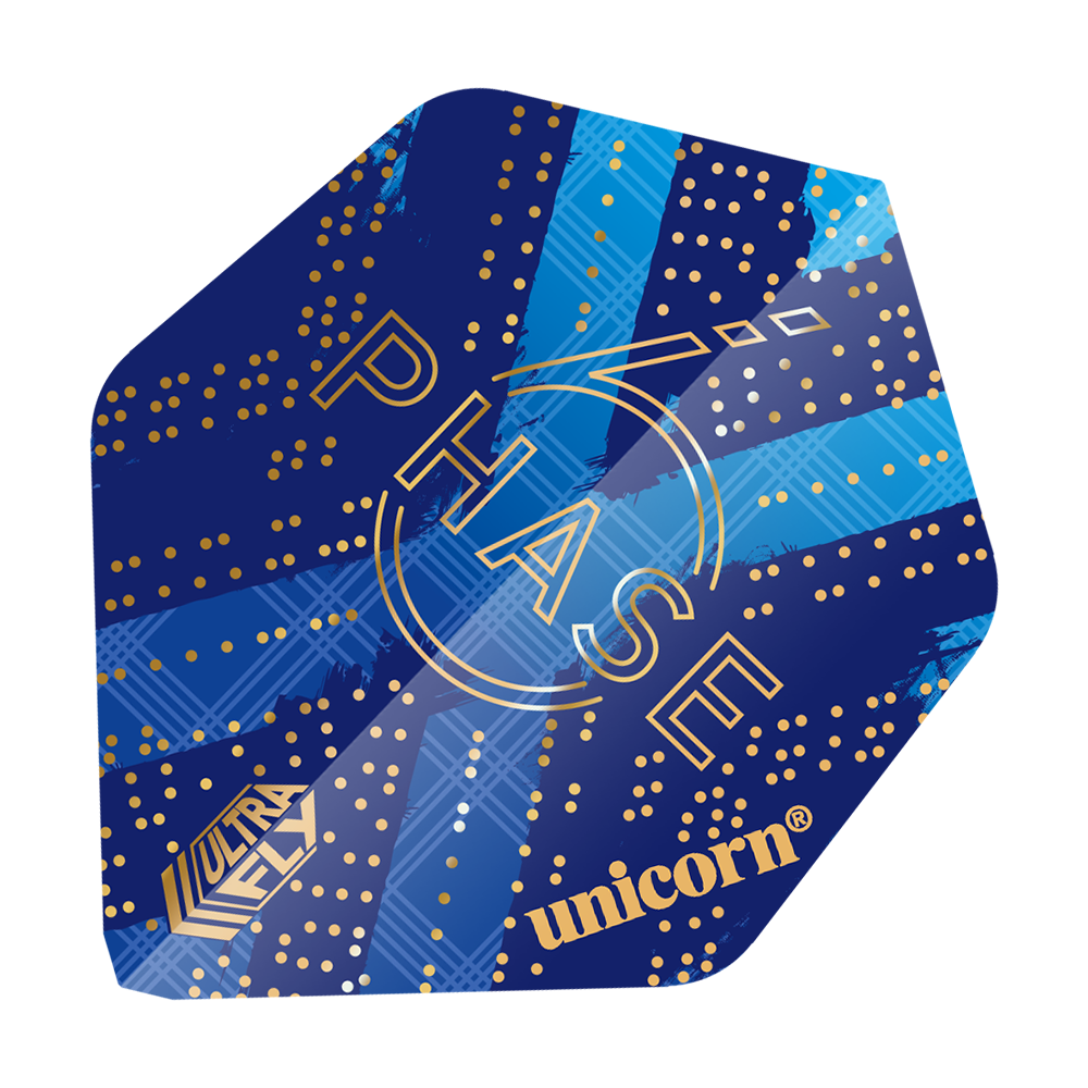 69454_Unicorn_World_Champion_Gary_Anderson_Phase_6_AR2_Flights_1 Das Bild zeigt das Produkt "Unicorn Ultra Fly 100 Gary Anderson World Champion Phase 6 AR2 Flights". Das Design ist überwiegend blau mit goldenen Punkten und Schriftzügen wie "PHASE" und "unicorn".