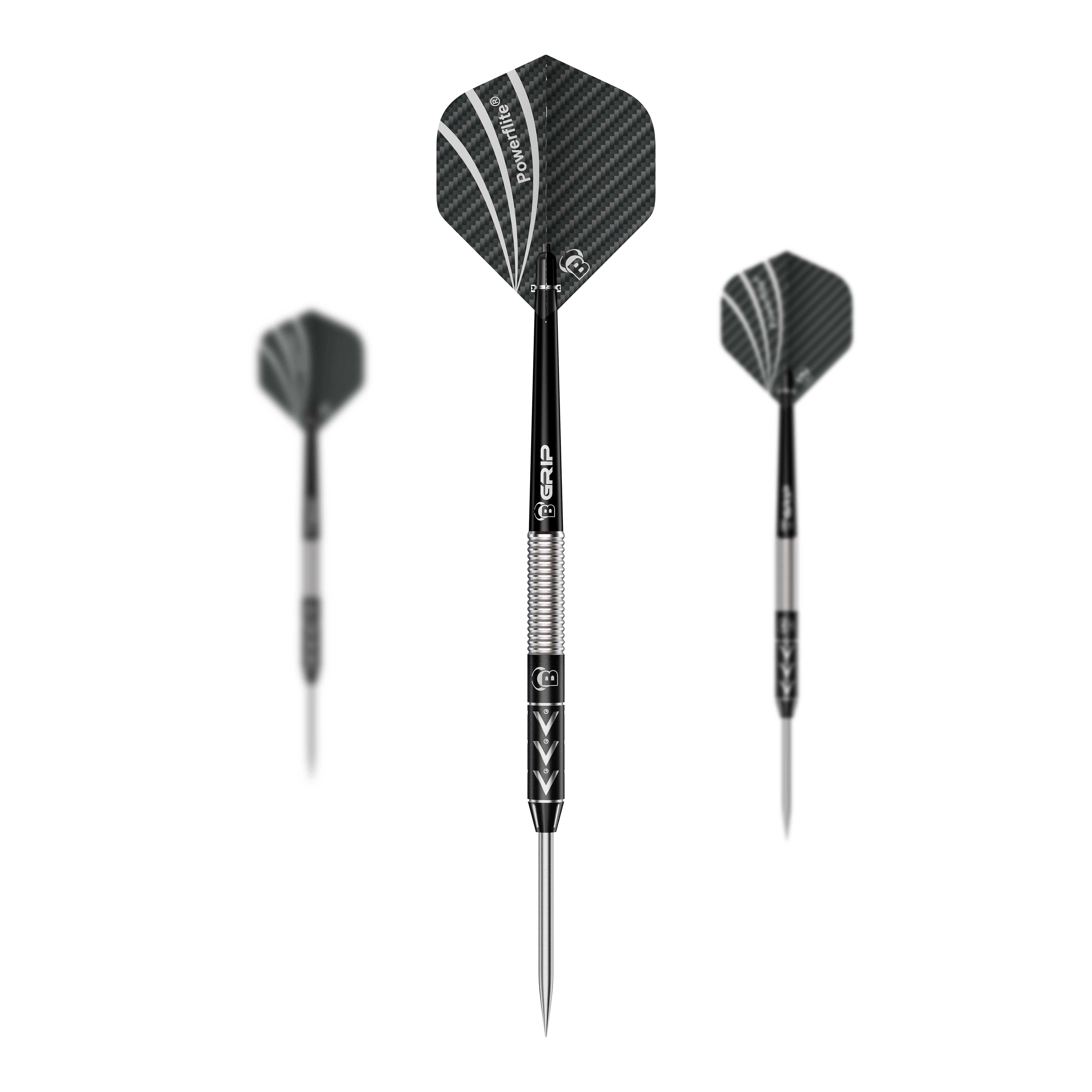 Bulls Challenger Arno Merk steel darts - 22g Das Bild zeigt drei Steeldarts des Modells "Bulls Challenger Arno Merk" mit einem Gewicht von 22g. Die Pfeile haben schwarze Flights mit silbernen Akzenten und einen silber-schwarzen Schaft.
