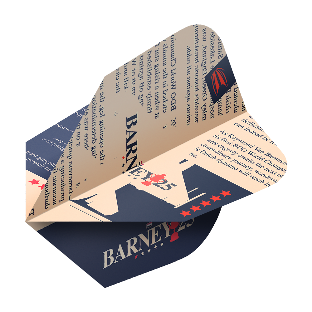 Target ProUltra Raymond Van Barneveld Barney25 Ten-X Flights Das Bild zeigt ein Target ProUltra Raymond Van Barneveld Barney25 Ten-X Flight für Darts. Das Flight ist in Beige und Dunkelblau gehalten und mit Text sowie Sternen dekoriert.