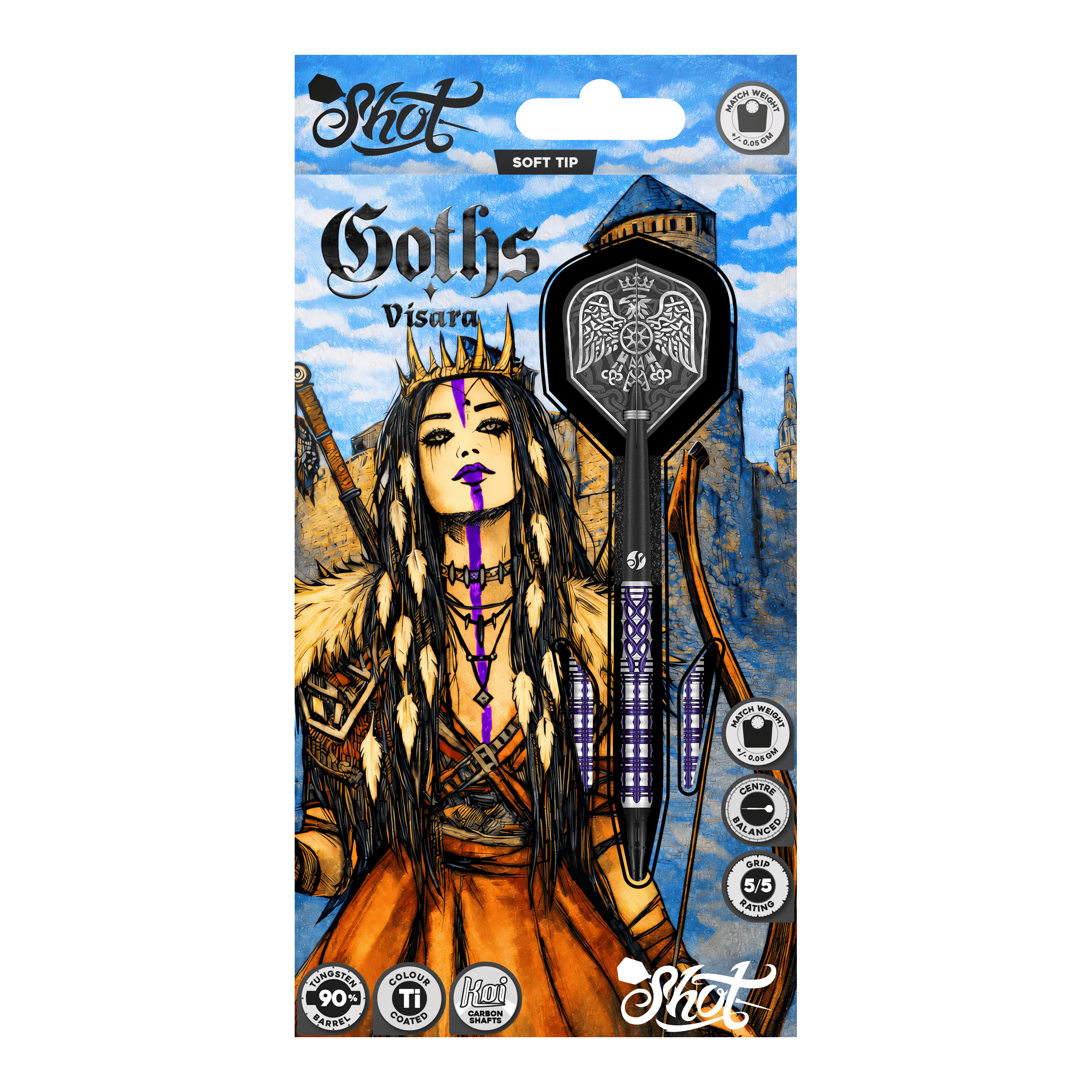 Shot Goths Visara Soft Darts - 20g Hier sieht man die Shot Goths Visara Softdarts - 20g. Diese hochwertigen Softdarts sind speziell für den Freizeitsport entworfen.