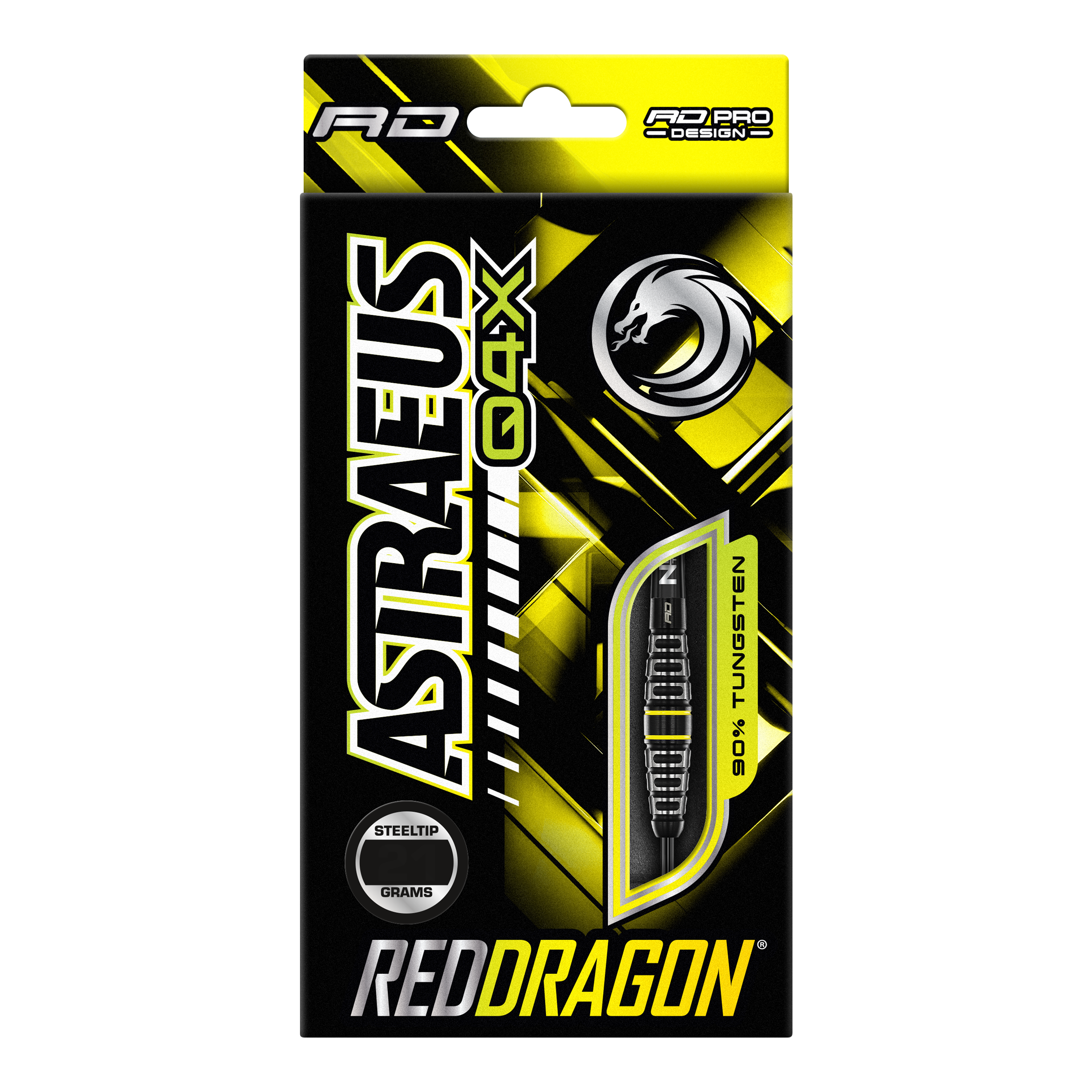 Red Dragon Astraeus Q4X Torpedo Steel Darts Die Abbildung zeigt die Verpackung der "Red Dragon Astraeus Q4X Torpedo Steeldarts". Das Design ist überwiegend schwarz und gelb, mit auffälligem Markenschriftzug und einer sichtbaren Abbildung eines Darts.