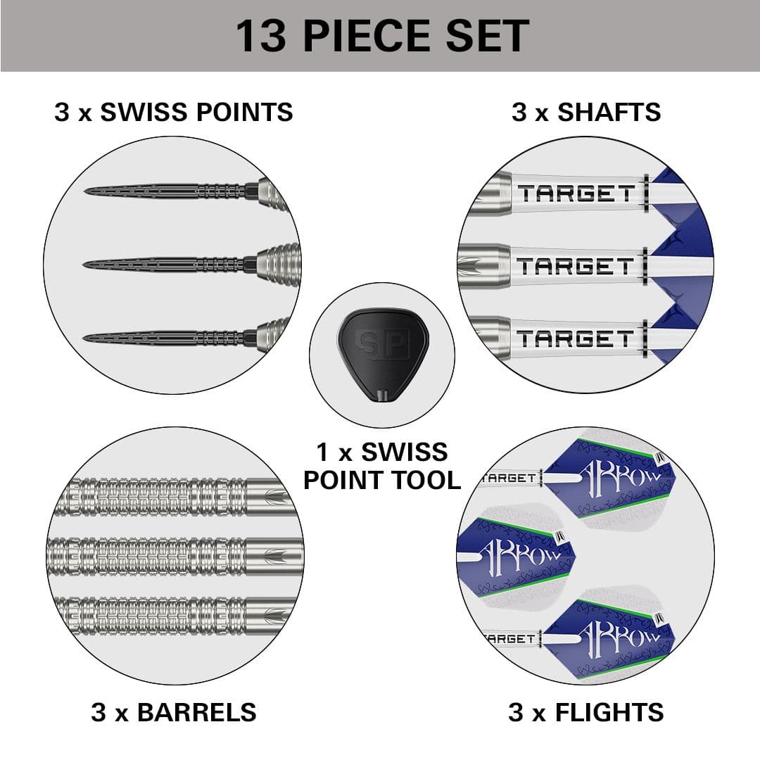 Das Bild zeigt ein 13-teiliges Set des Produkts „Target Shane McGuirk GEN1 Swiss Point Steeldarts - 23g“. Enthalten sind 3 Swiss Points, 3 Shafts, 3 Barrels, 3 Flights und 1 Swiss Point Tool.