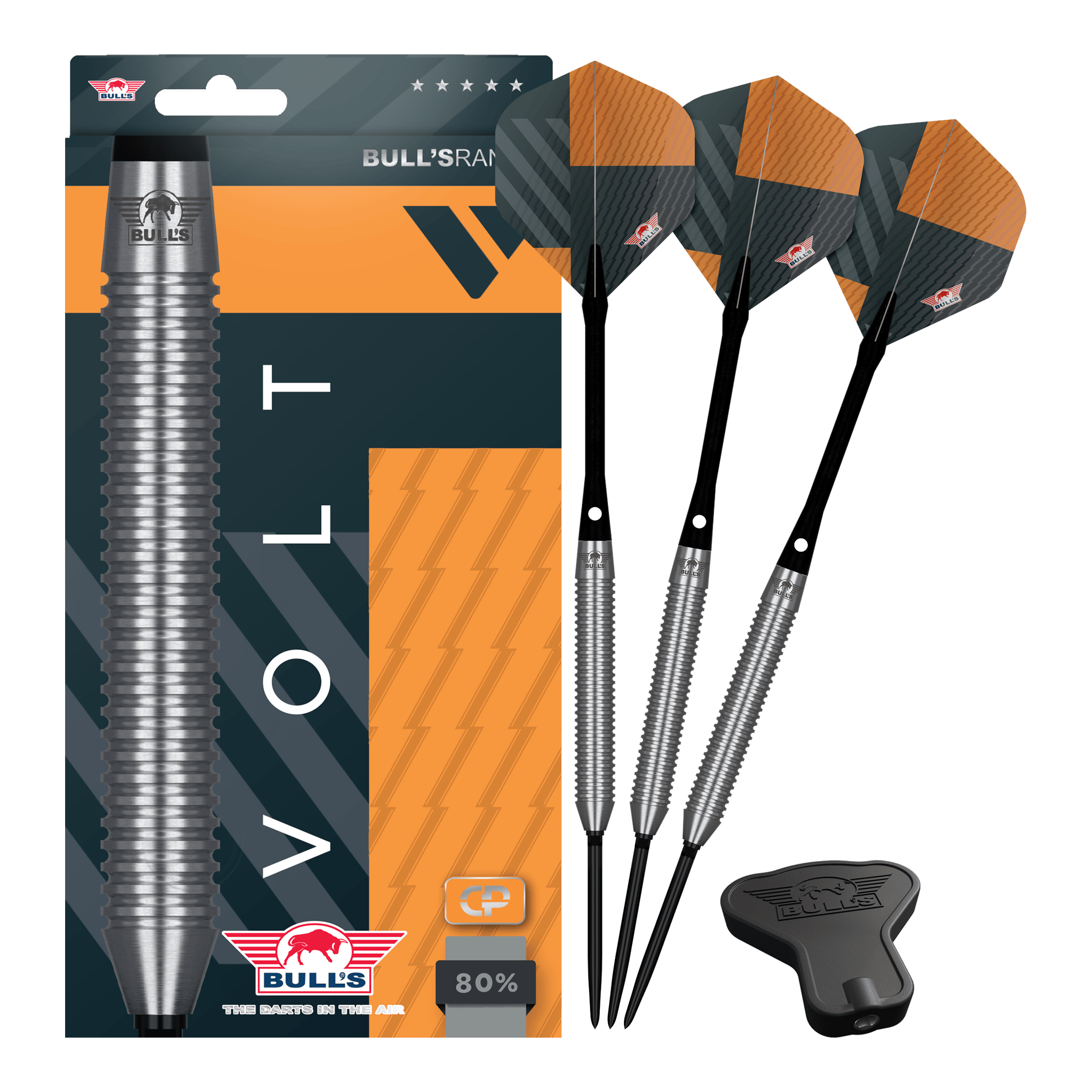 Zu sehen sind Bulls NL Volt Orange Convertible Point Steeldarts. Dargestellt ist das vollständige Darts-Set.