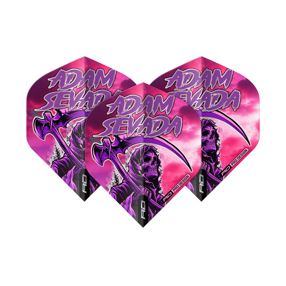 Red Dragon Hardcore Adam Sevada Premium No2 Standard Flights Das Bild zeigt drei Dartflights mit dem Namen "Red Dragon Hardcore Adam Sevada Premium No2 Standard Flights". Die Flights sind in lila und rosa Tönen gestaltet und zeigen ein Sensenmann-Design mit dem Schriftzug "Adam Sevada".