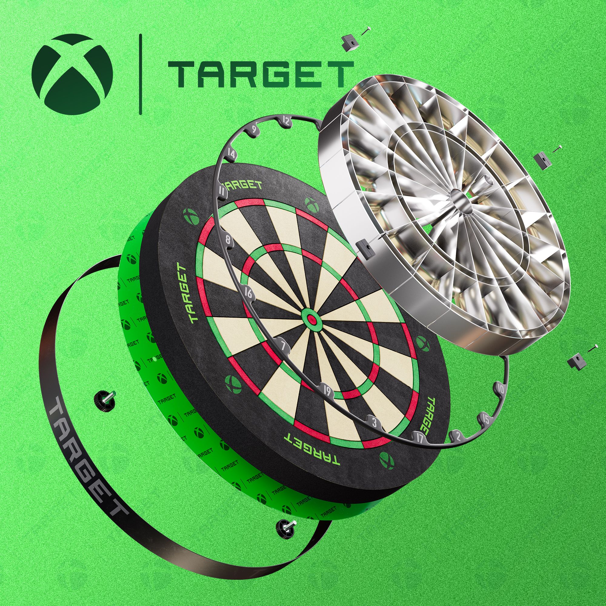 Zu sehen ist das Target Xbox Dartboard Surround Bundle. Es bietet Zubehör für Dartbegeisterte.