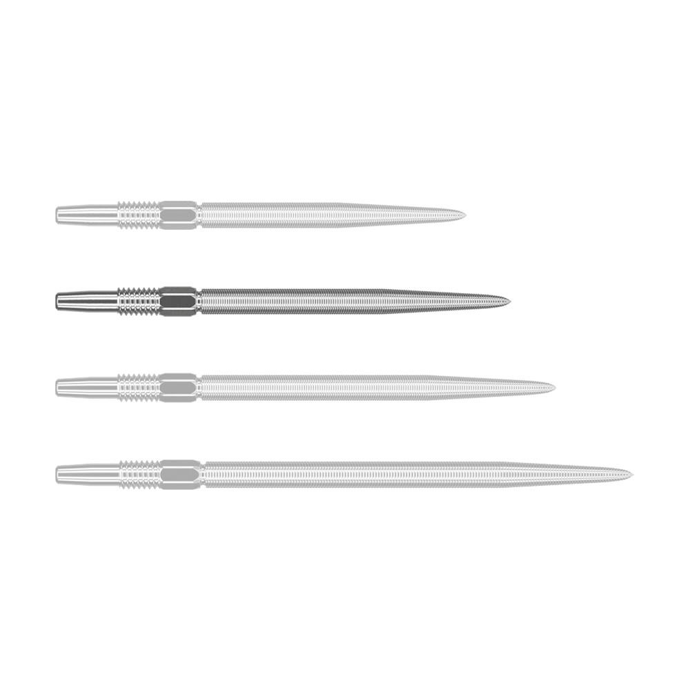 Target Swiss Point Nano Dart Tips - Silver Auf dem Bild sind vier silberne Dartspitzen in einer Reihe nebeneinander zu sehen. Sie sind schmal, lang und haben feine Rillen entlang der Oberfläche.
