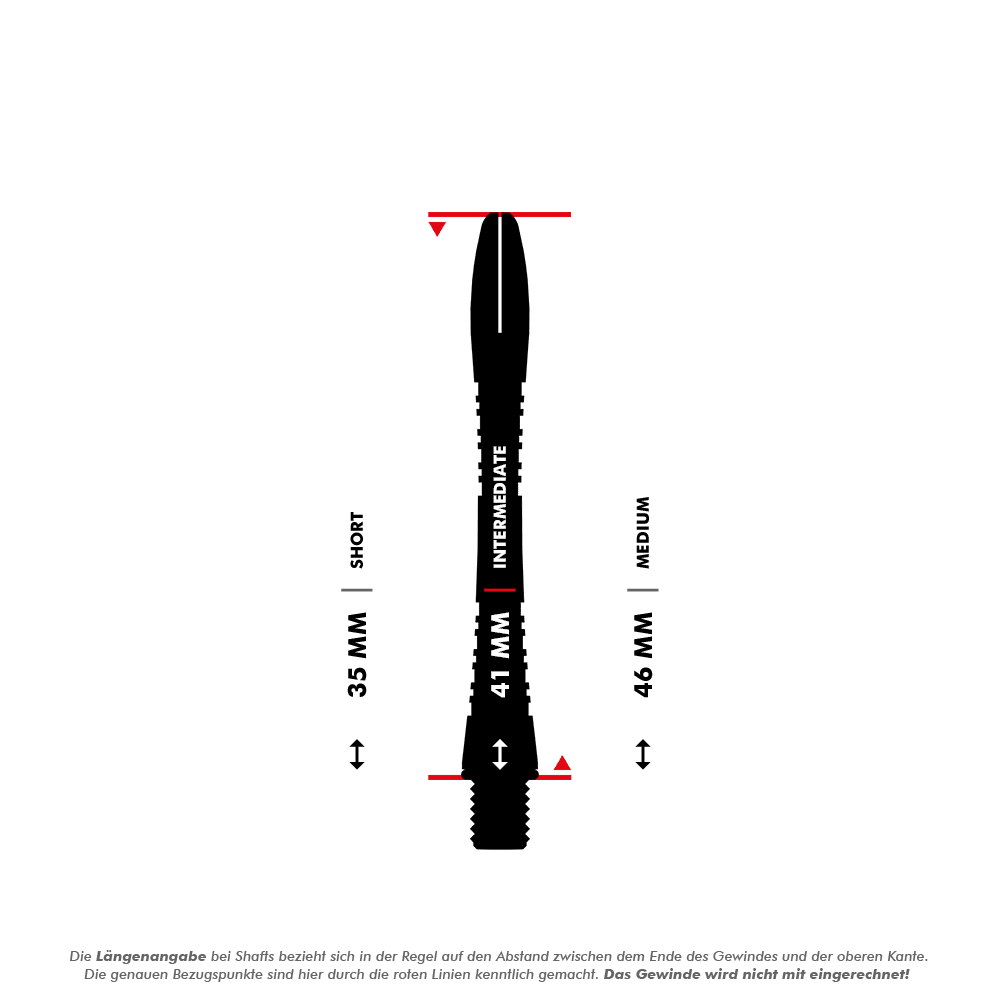 7013_Winmau_Triad_Aluminium_Shafts_5_41mm Das Bild zeigt einen Vergleich der Längen von Dartshafts, wobei die mittlere Größe (Intermediate) mit 41 mm hervorgehoben ist. Die anderen beiden aufgeführten Längen sind 35 mm (Short) und 46 mm (Medium).