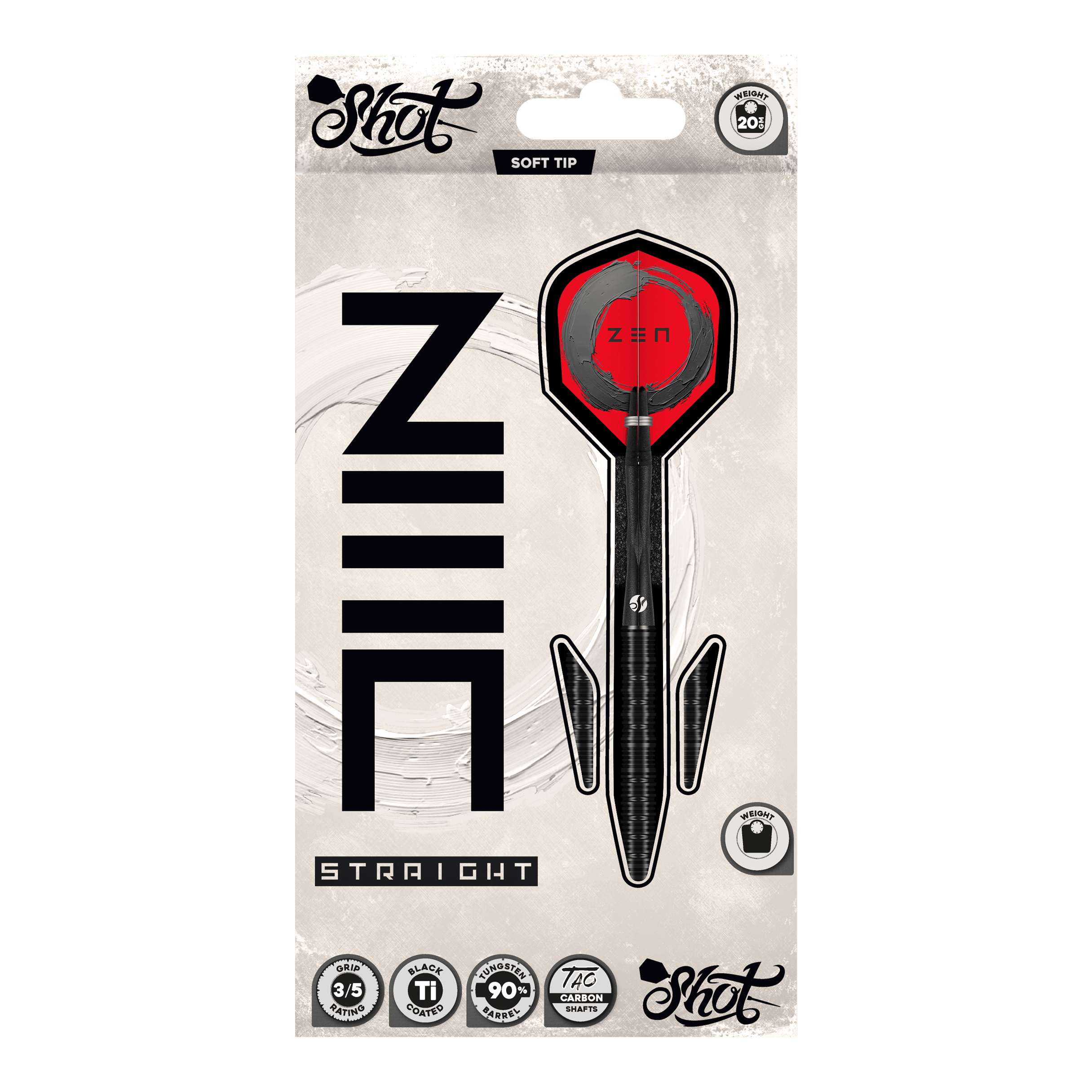 Shot ZEN Straight Softdarts - 20g Abgebildet sind die Shot ZEN Straight Softdarts - 20g. Diese Darts zeichnen sich durch ihre gerade Form aus.