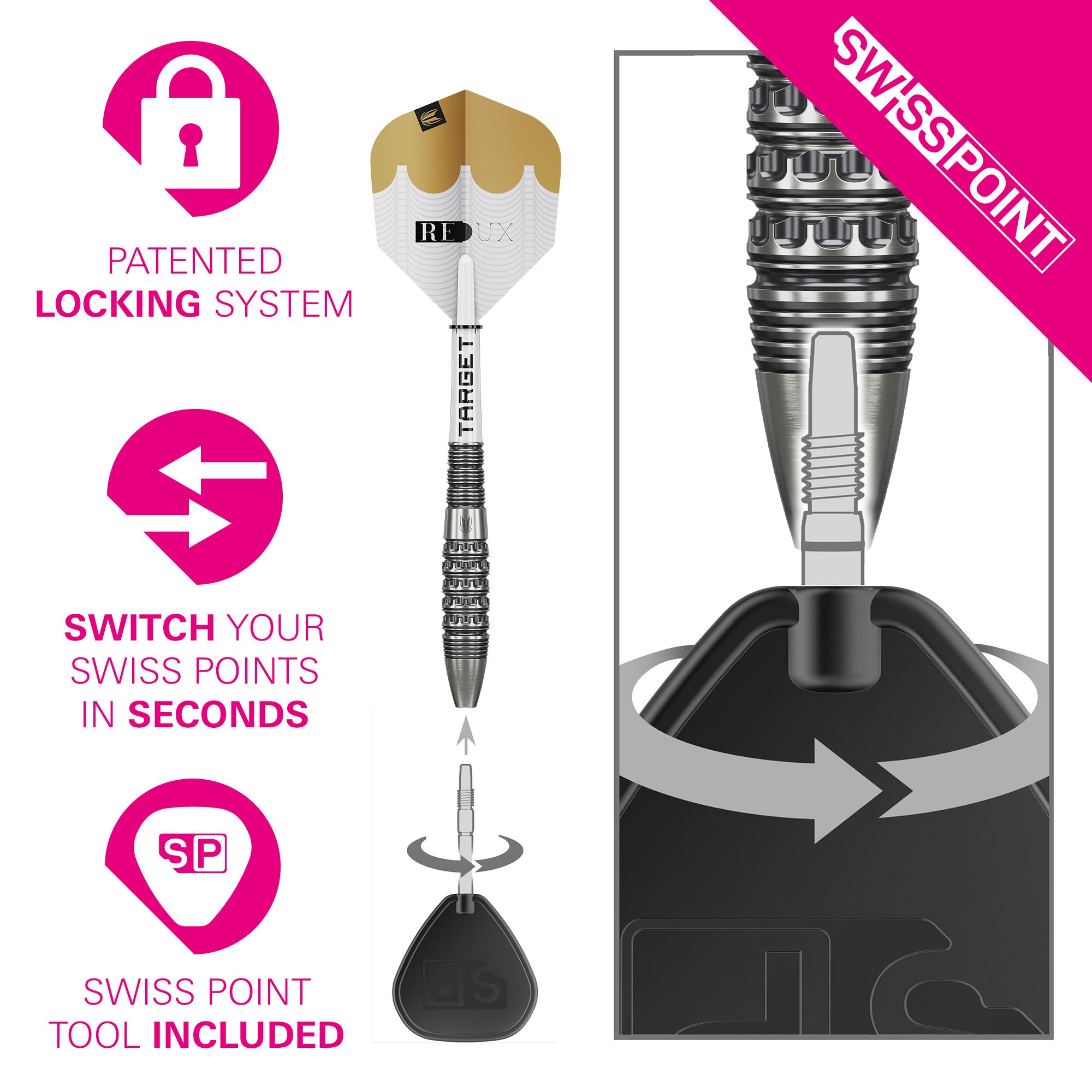 Target Redux 02 Swiss Point steel darts Die Abbildung zeigt die Target Redux 02 Swiss Point Steeldarts. Es handelt sich um hochwertige Steeldarts für präzise Würfe.