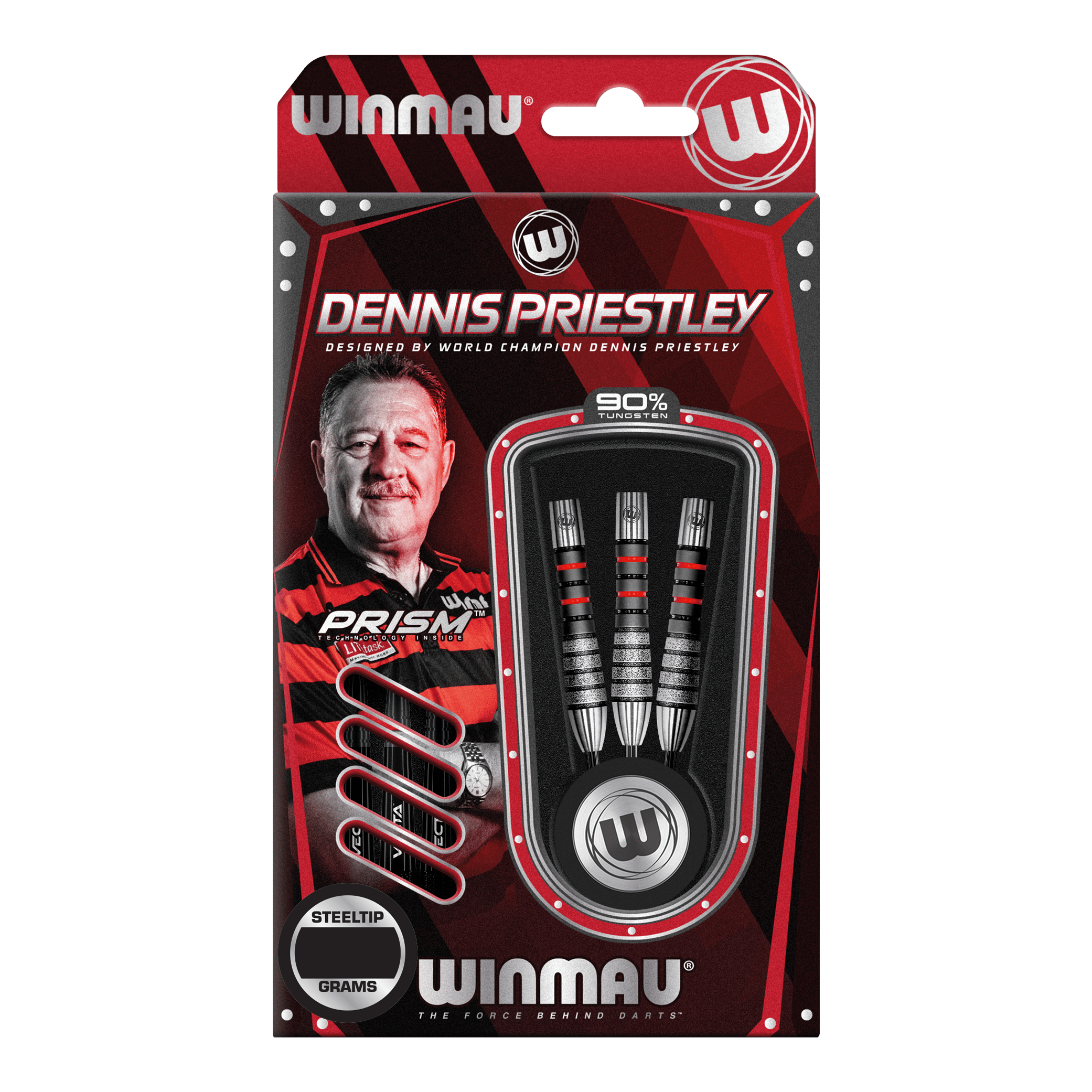 Winmau Dennis Priestley Diamond 3-Zero steel darts Das Bild zeigt die Verpackung der Winmau Dennis Priestley Diamond 3-Zero Steeldarts. In der Packung sind drei hochwertige Steeldarts aus 90% Tungsten zu sehen.
