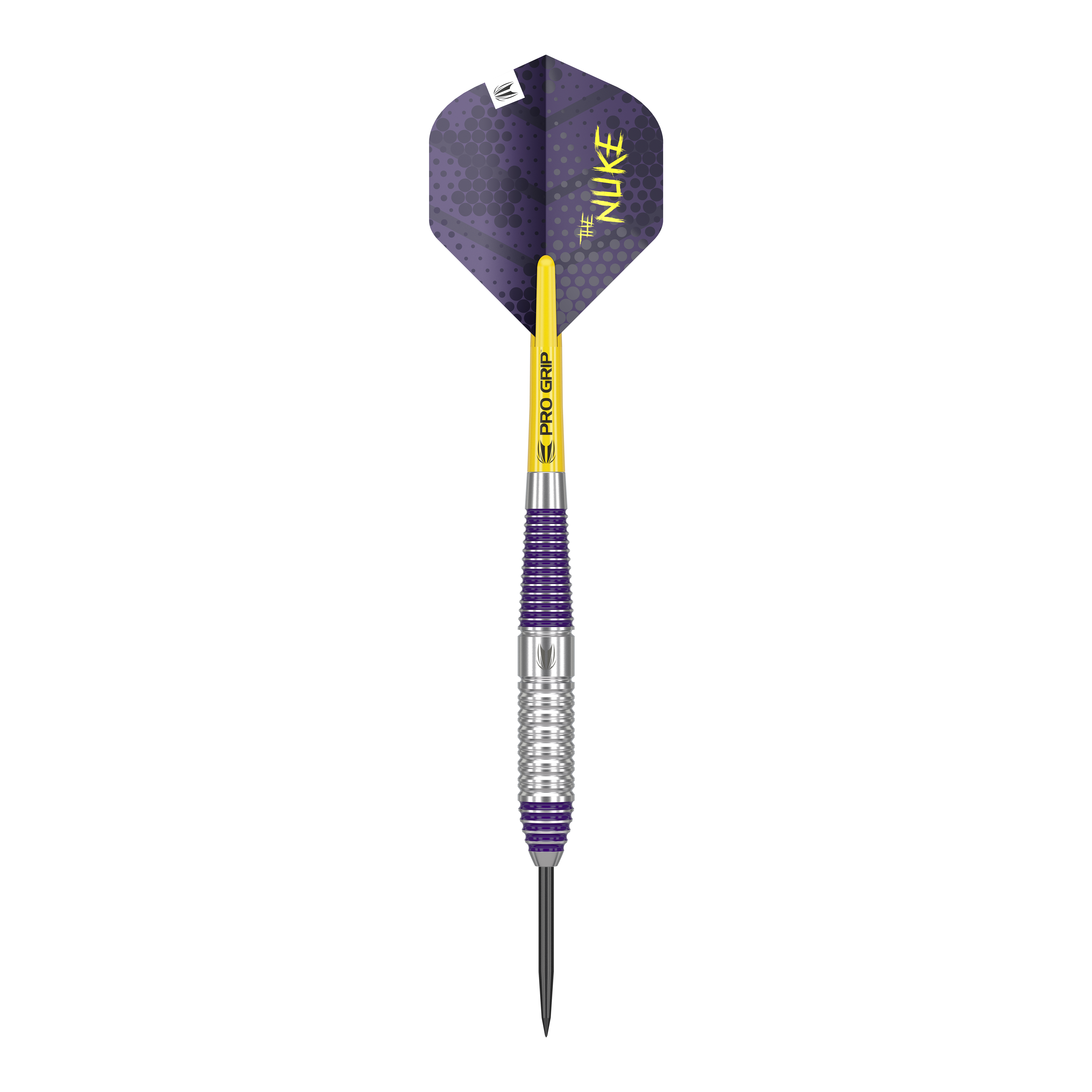 Target Luke Littler Brass Steel Darts - 22g Das Bild zeigt einen Target Luke Littler Brass Steeldart mit einem Gewicht von 22g. Der Dart hat violette und silberne Elemente sowie einen gelben Schaft mit der Aufschrift „PRO GRIP“.